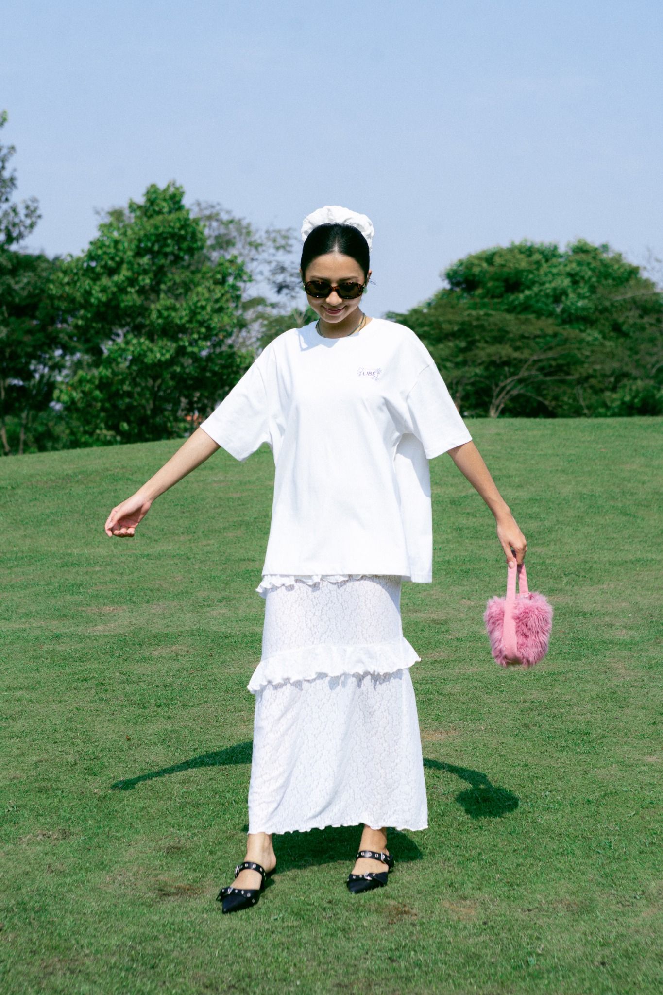  White Low Rise Ruffle Lace Midi Skirt 