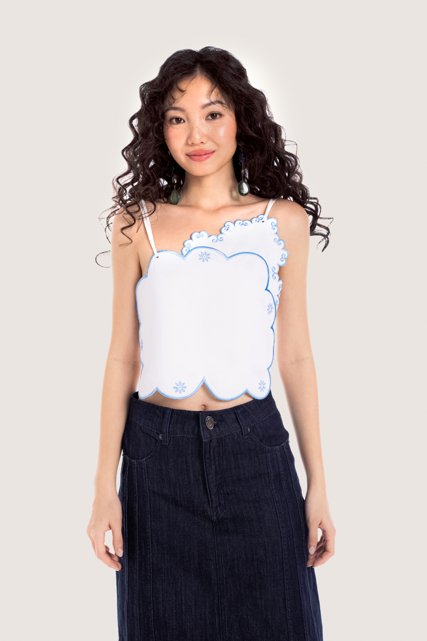 White Scalloped Edge Embroidered Straps Top