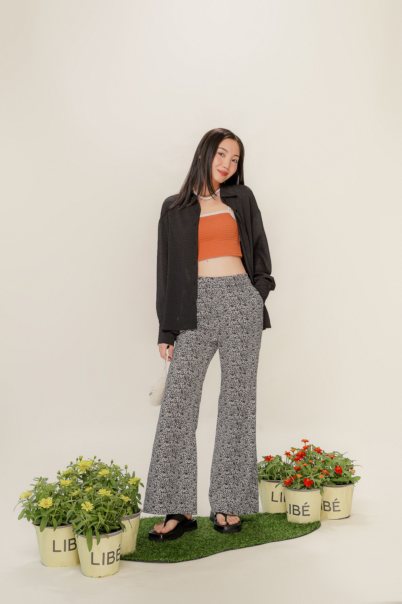  Black Floral Pattern Flared Trousers 