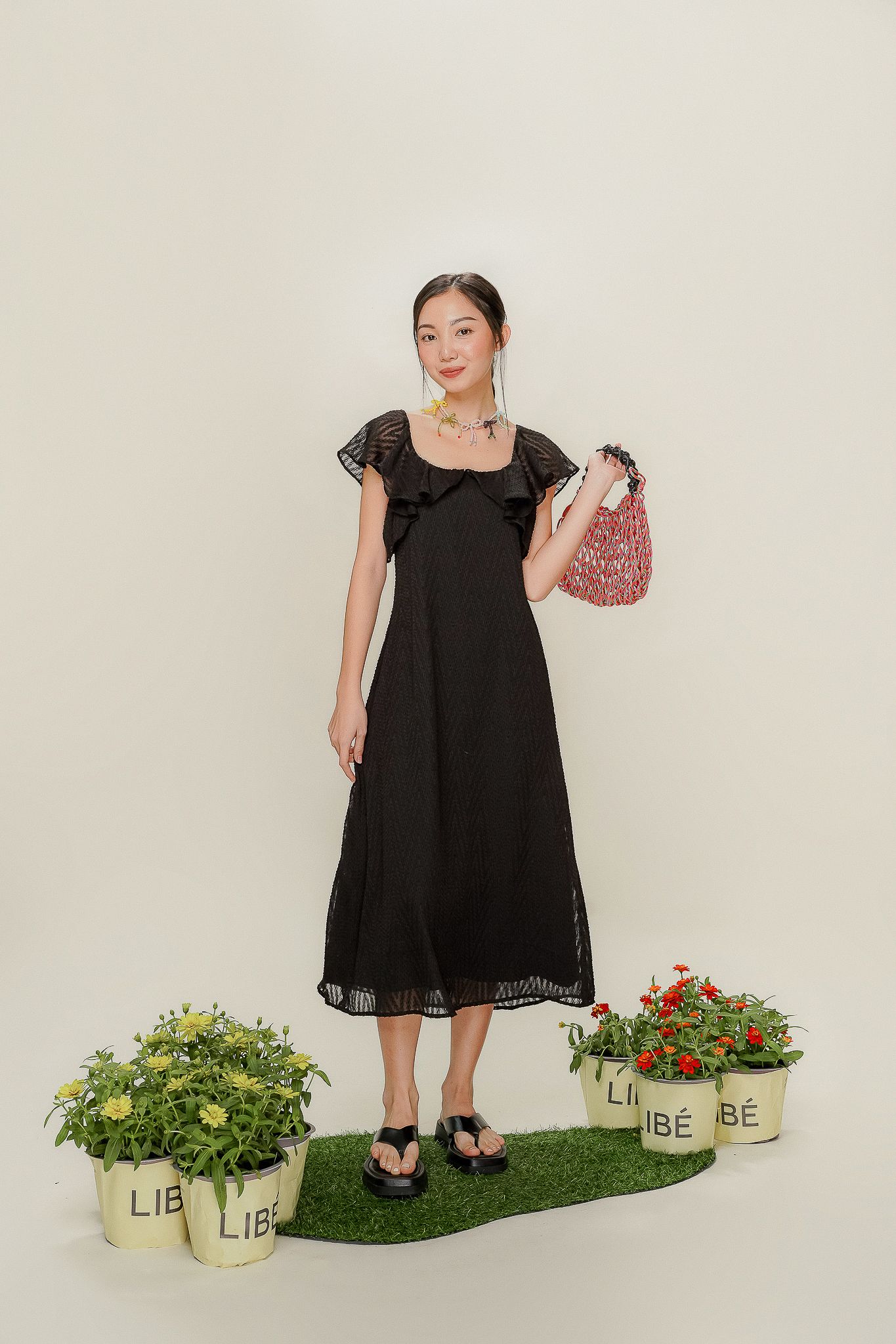  Black Ruffle Sheer Textured Midi Dress 