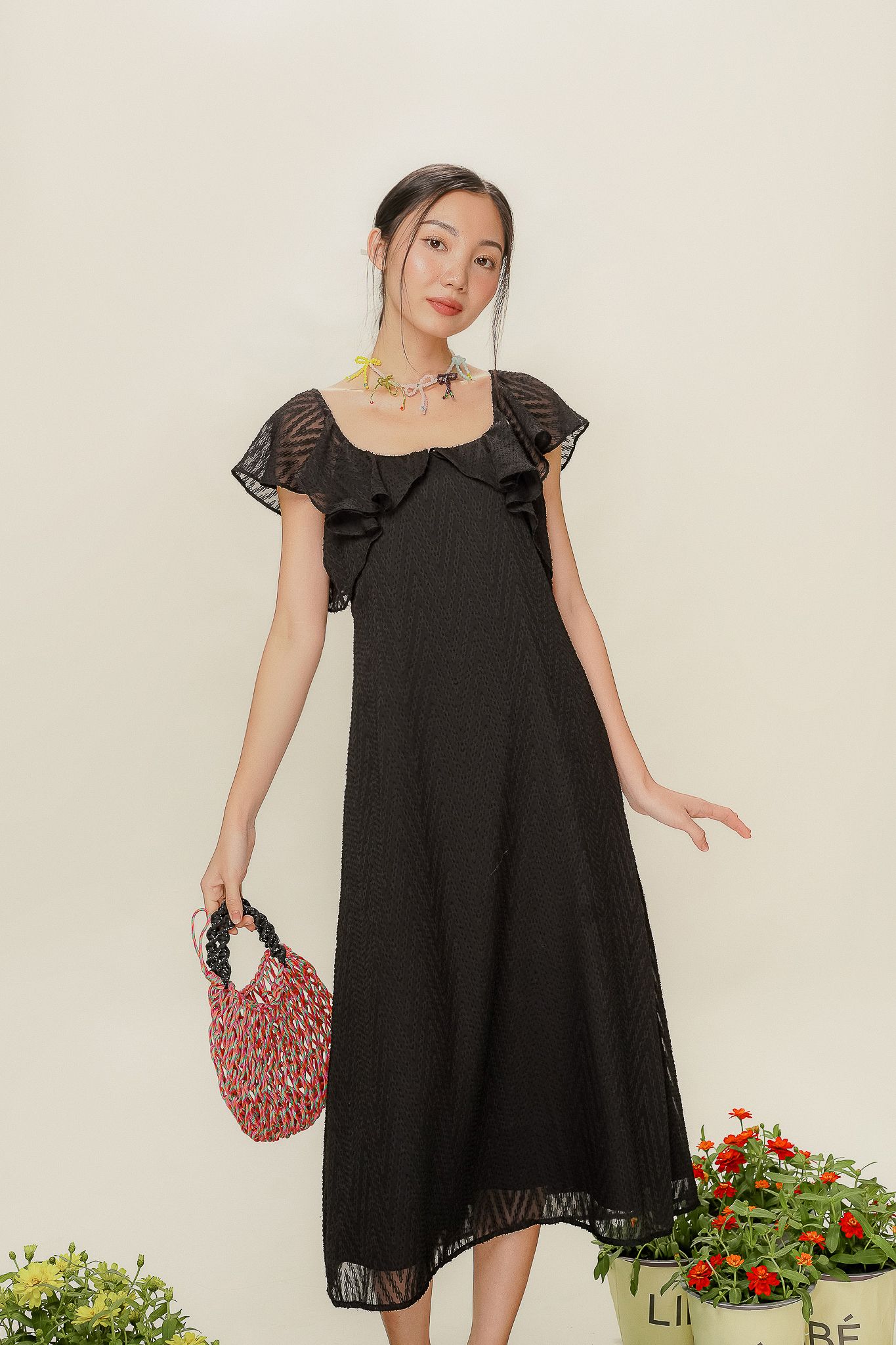  Black Ruffle Sheer Textured Midi Dress 