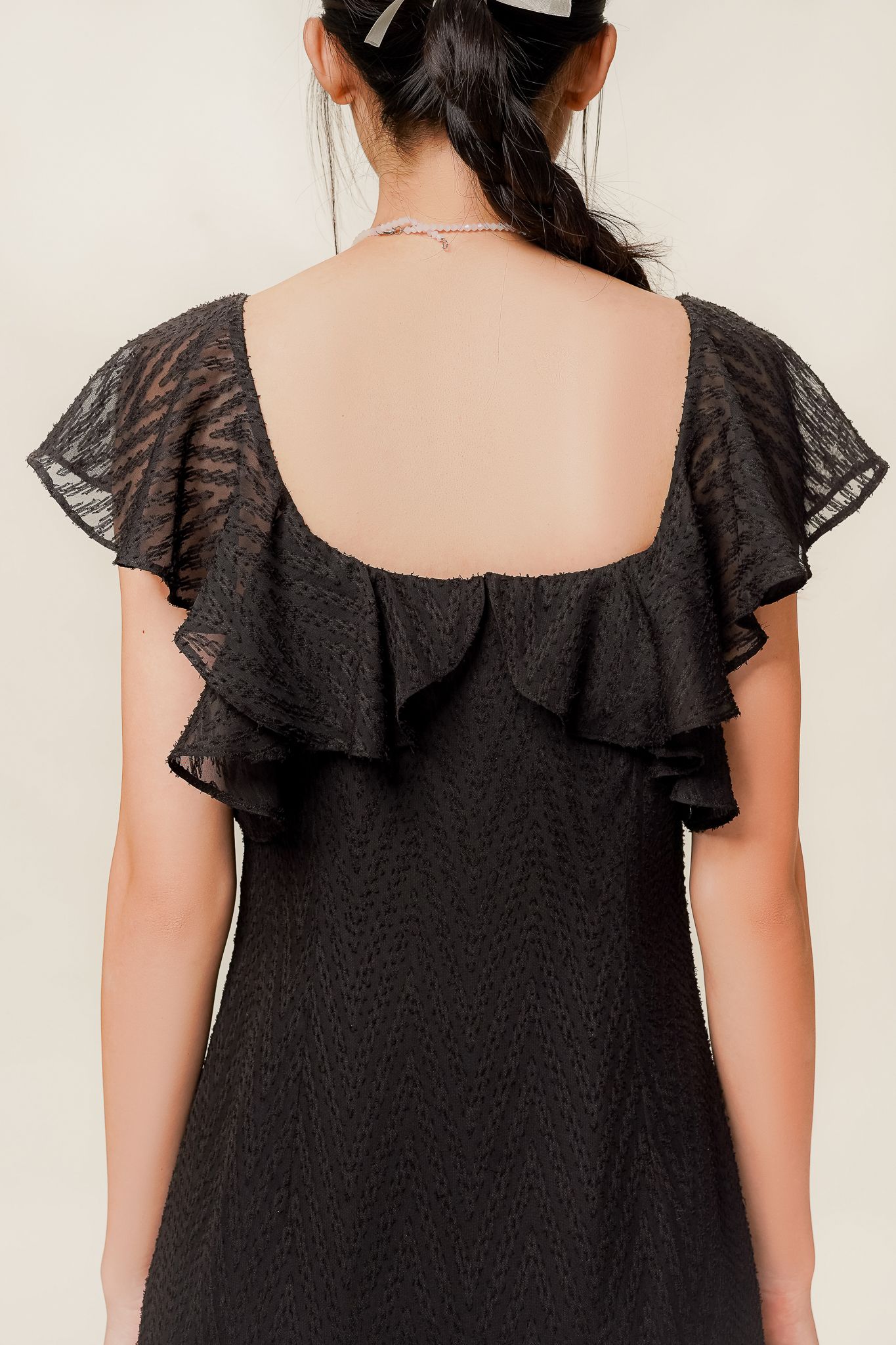  Black Ruffle Sheer Textured Midi Dress 