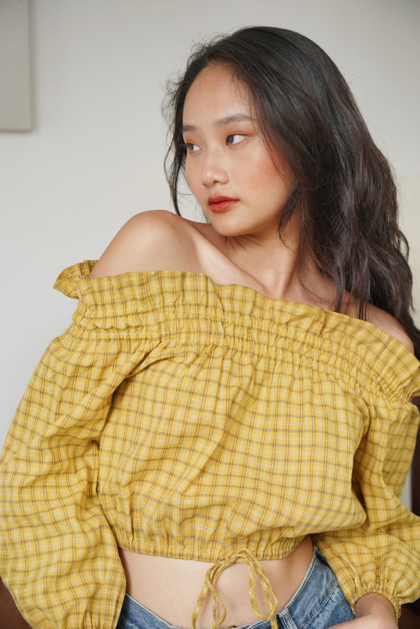 Checked Off Shoulder Top-Yellow