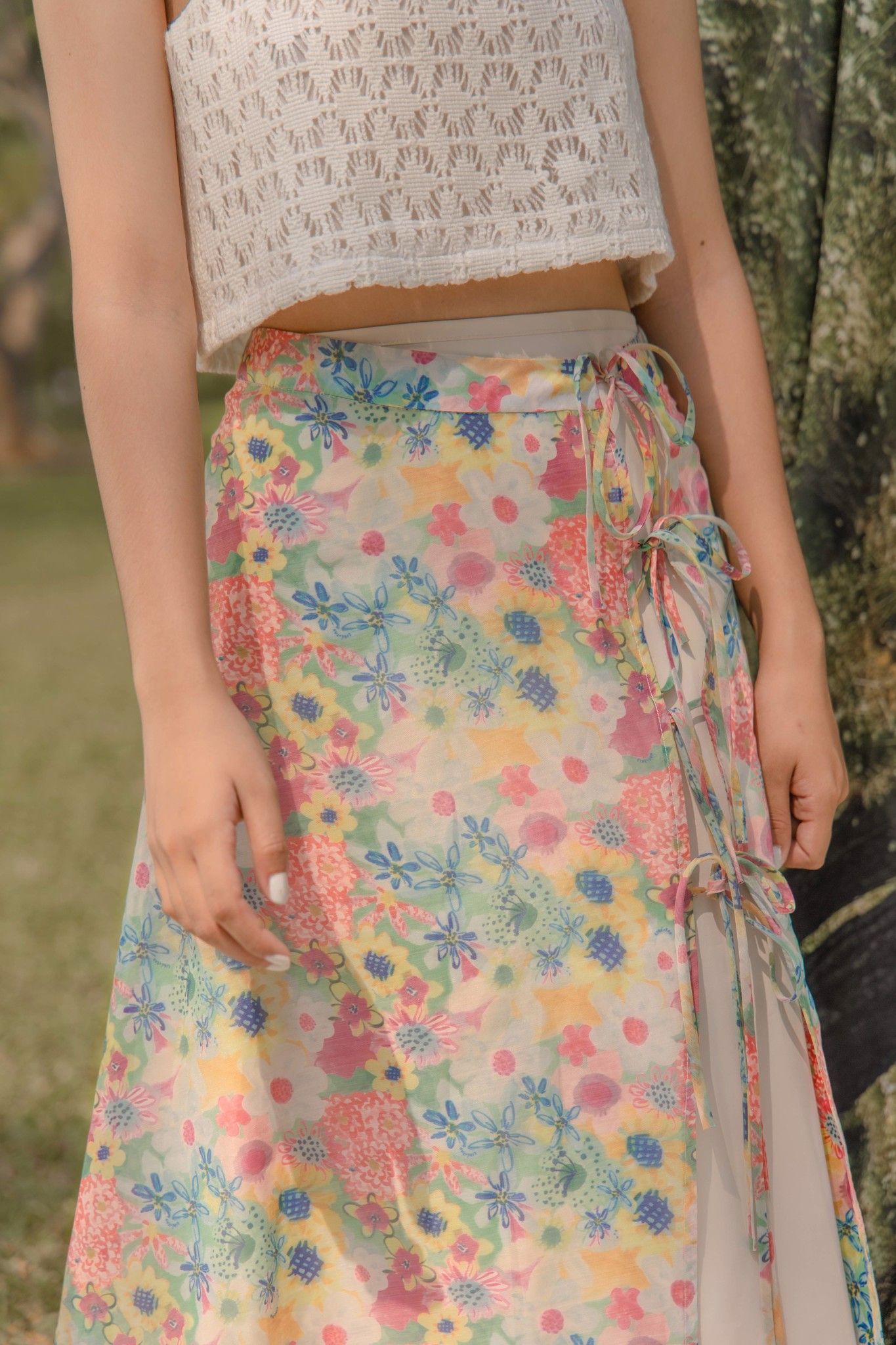 Floral Tie Front Midi Skirt