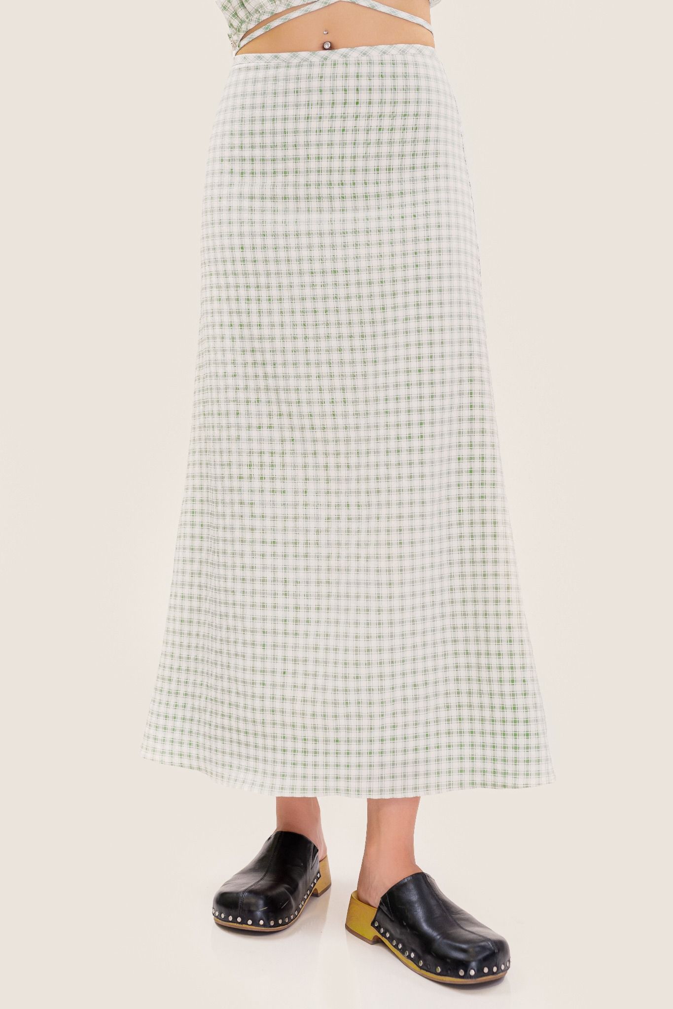  Green Checked A-line Midi Skirt 