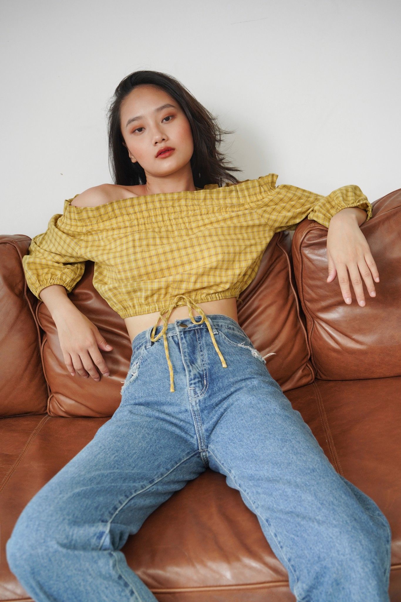 Checked Off Shoulder Top-Yellow