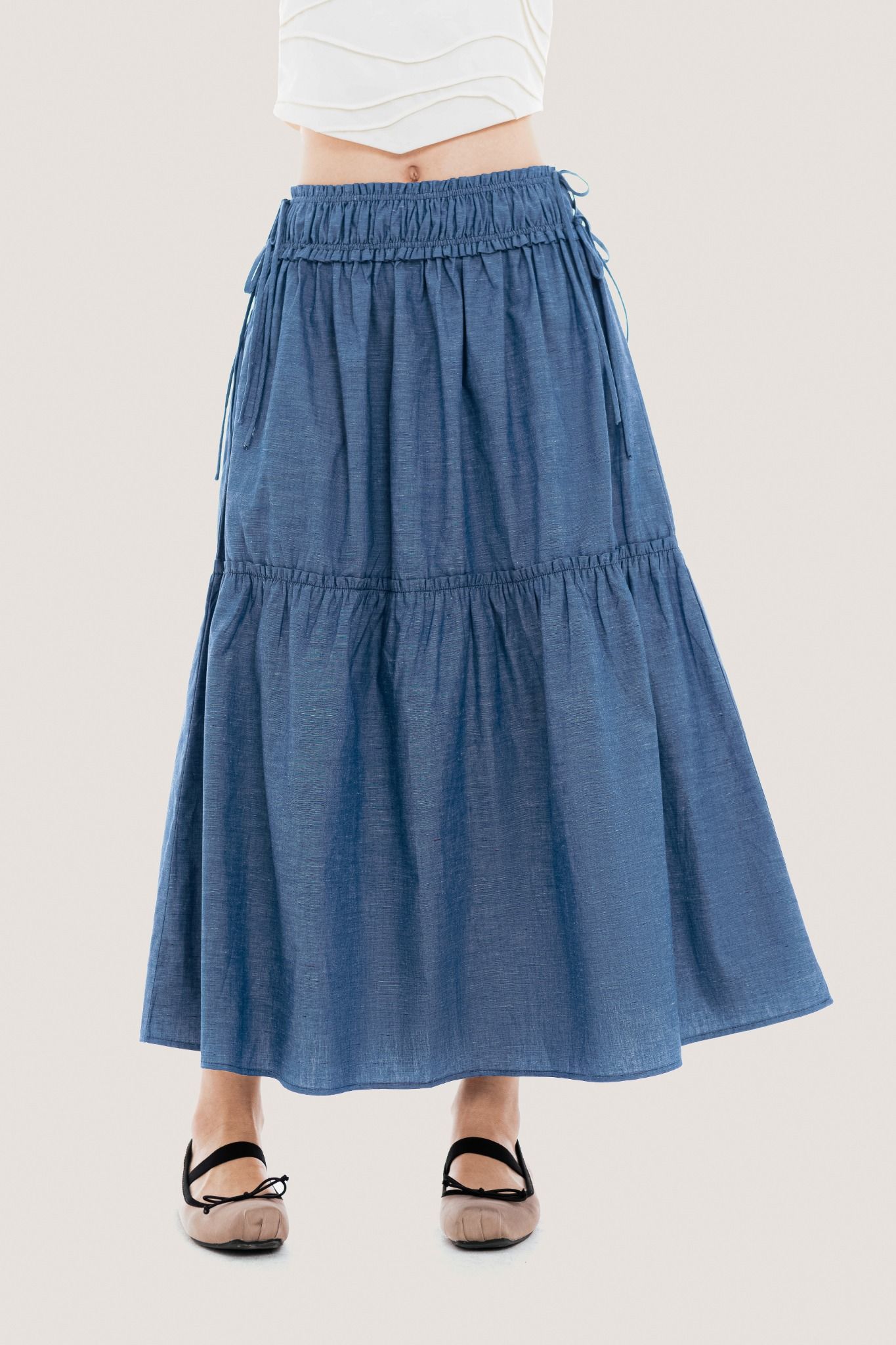 Blue Shirred Waist Bow Side Maxi Skirt