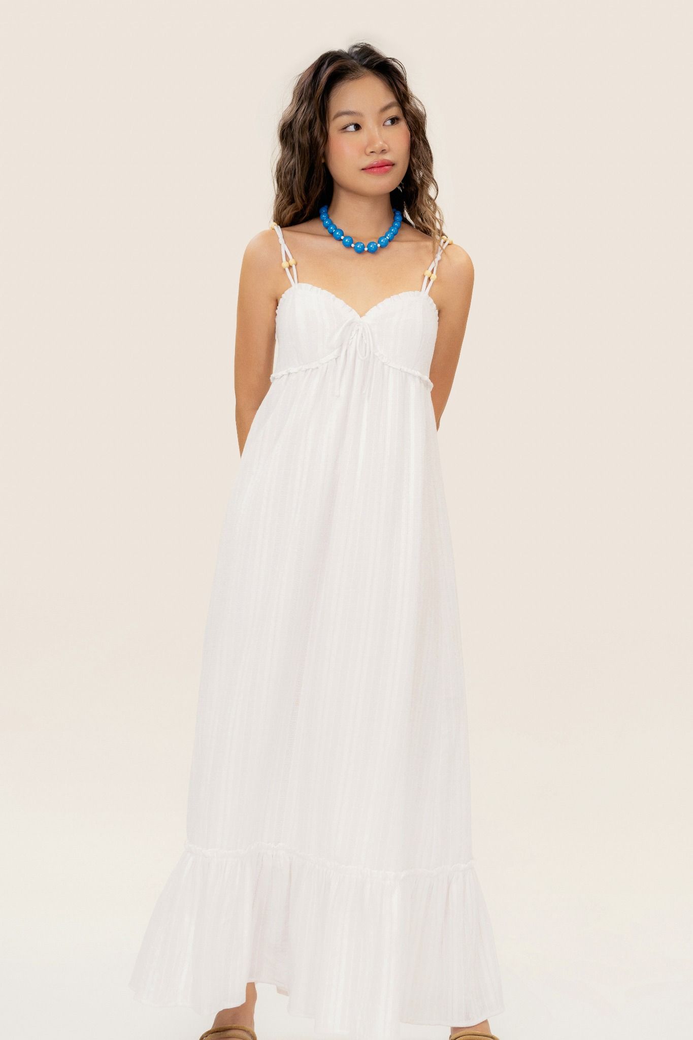 White Wooden Beads Strap Maxi Dress