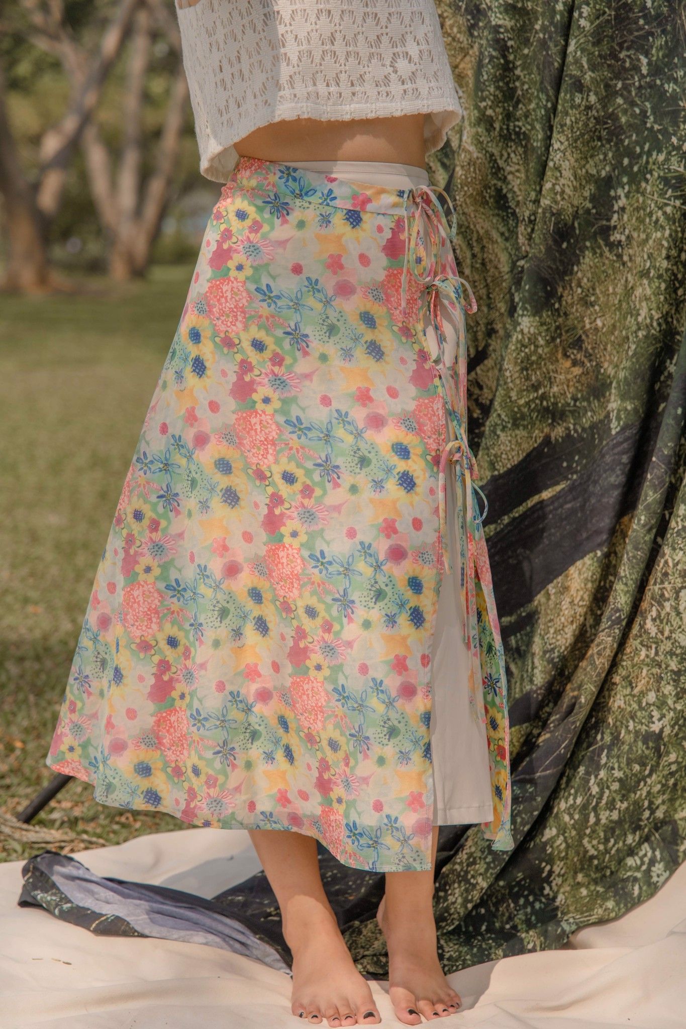 Floral Tie Front Midi Skirt