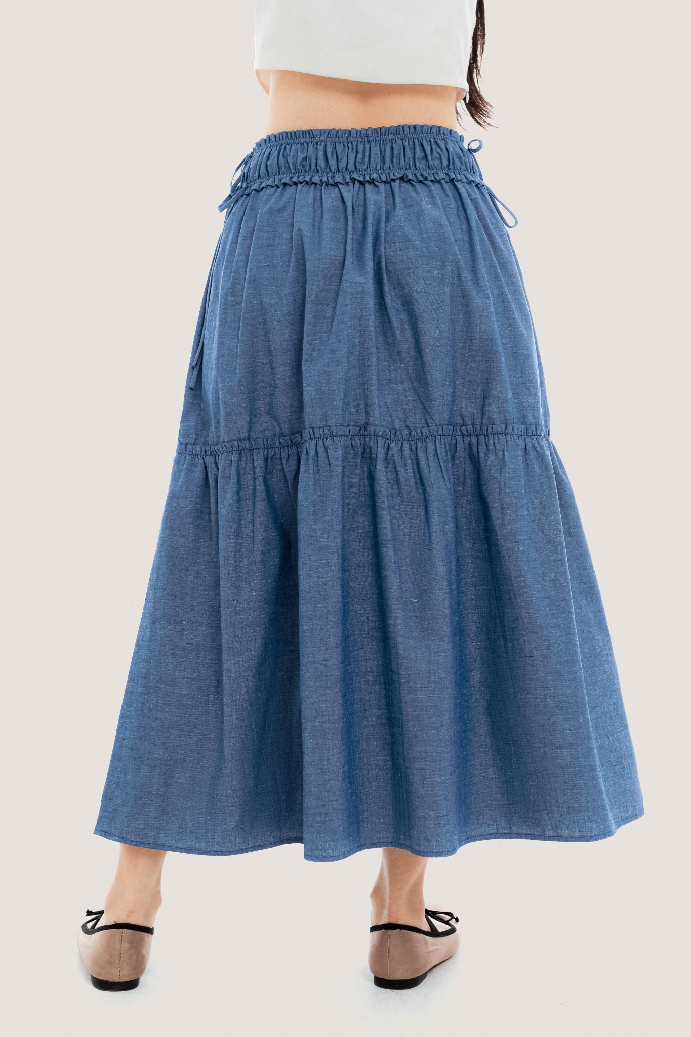 Blue Shirred Waist Bow Side Maxi Skirt