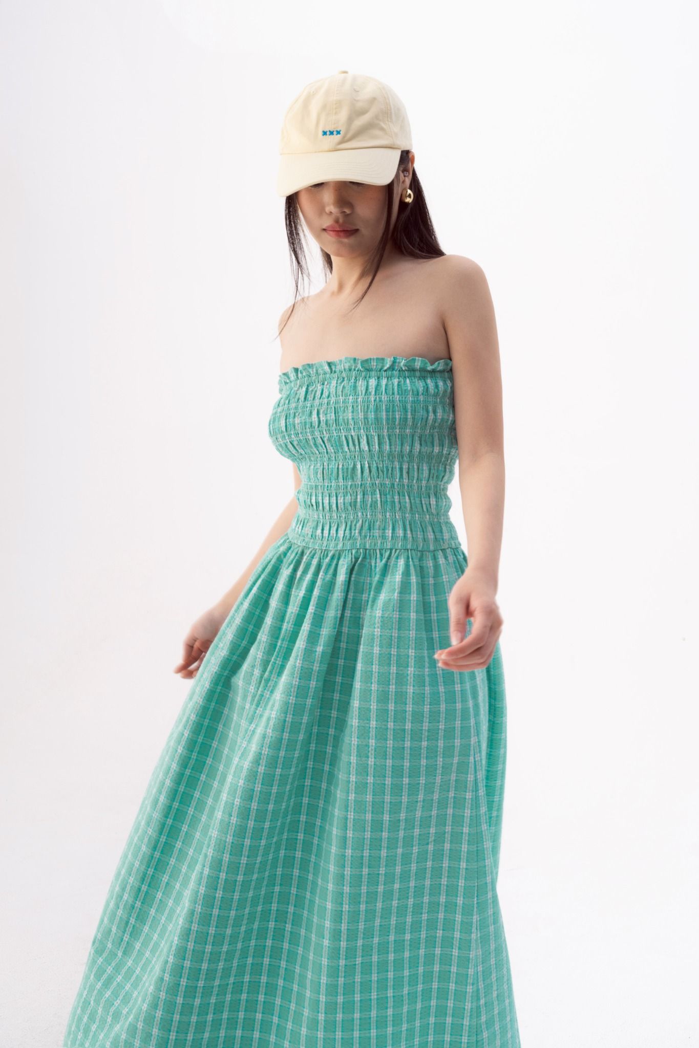  Neon Teal Checked Smock Midi Dress 