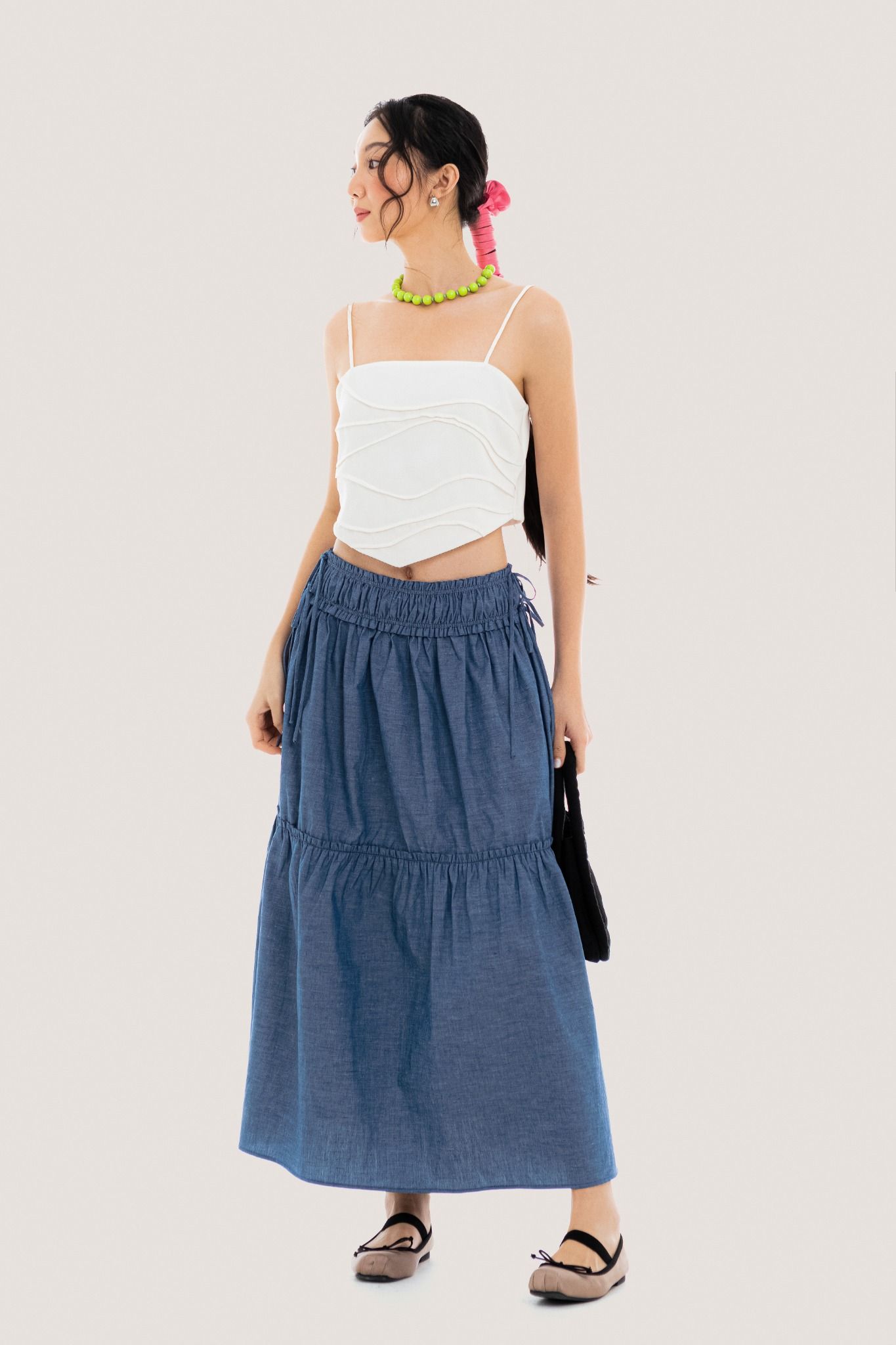 Blue Shirred Waist Bow Side Maxi Skirt