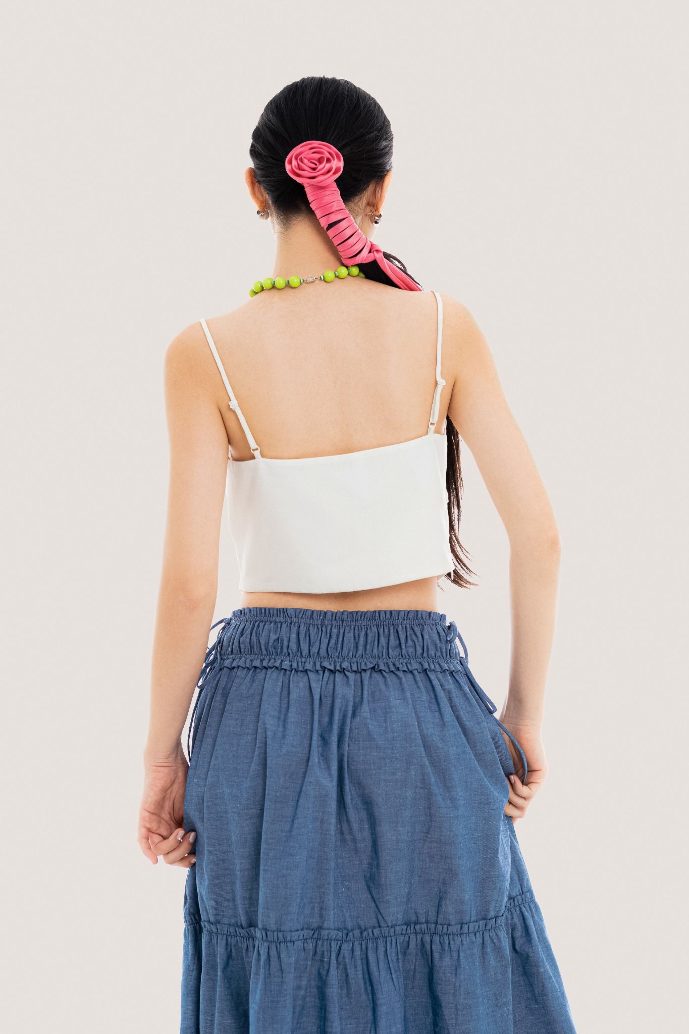 Blue Shirred Waist Bow Side Maxi Skirt