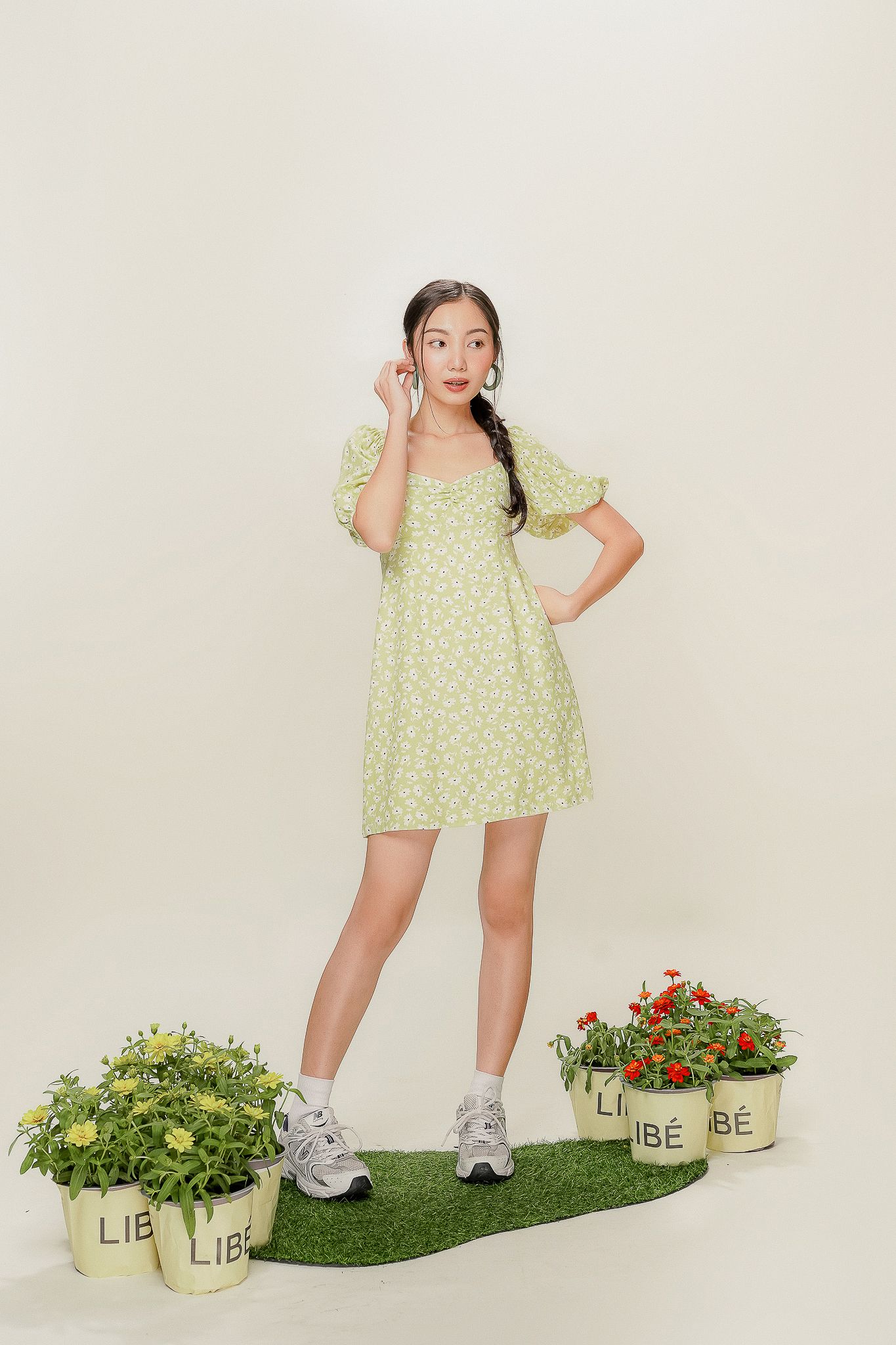 Pear Green Floral Print Mini Dress 