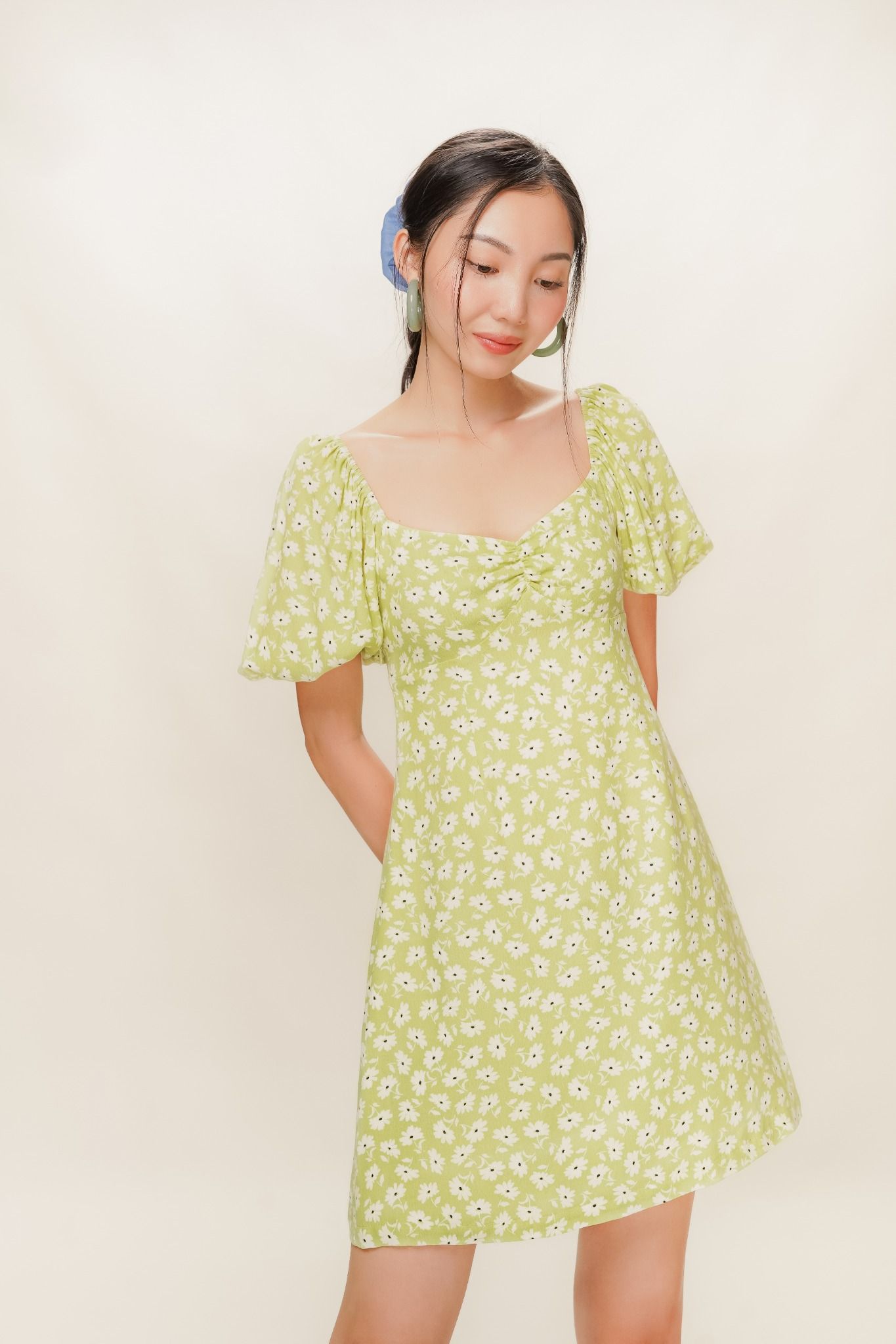  Pear Green Floral Print Mini Dress 