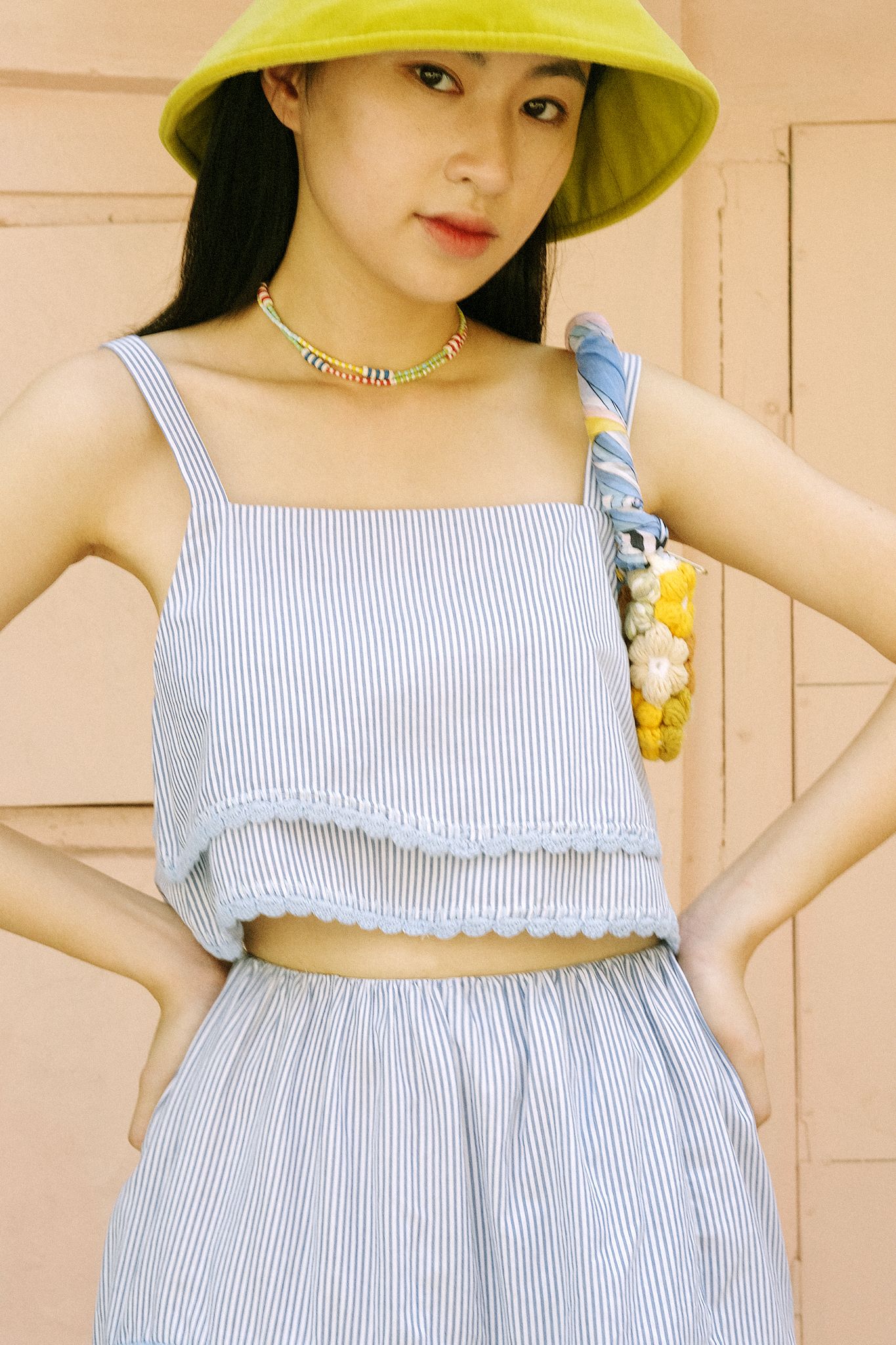 Blue Striped Croptop With Handmade Crochet Details