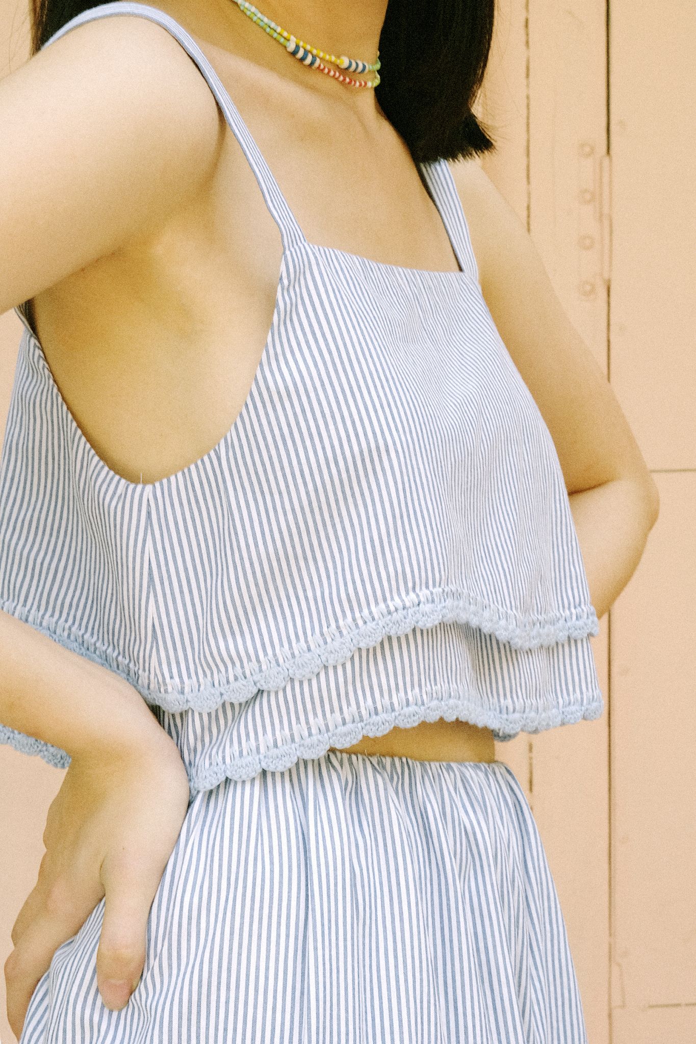 Blue Striped Croptop With Handmade Crochet Details