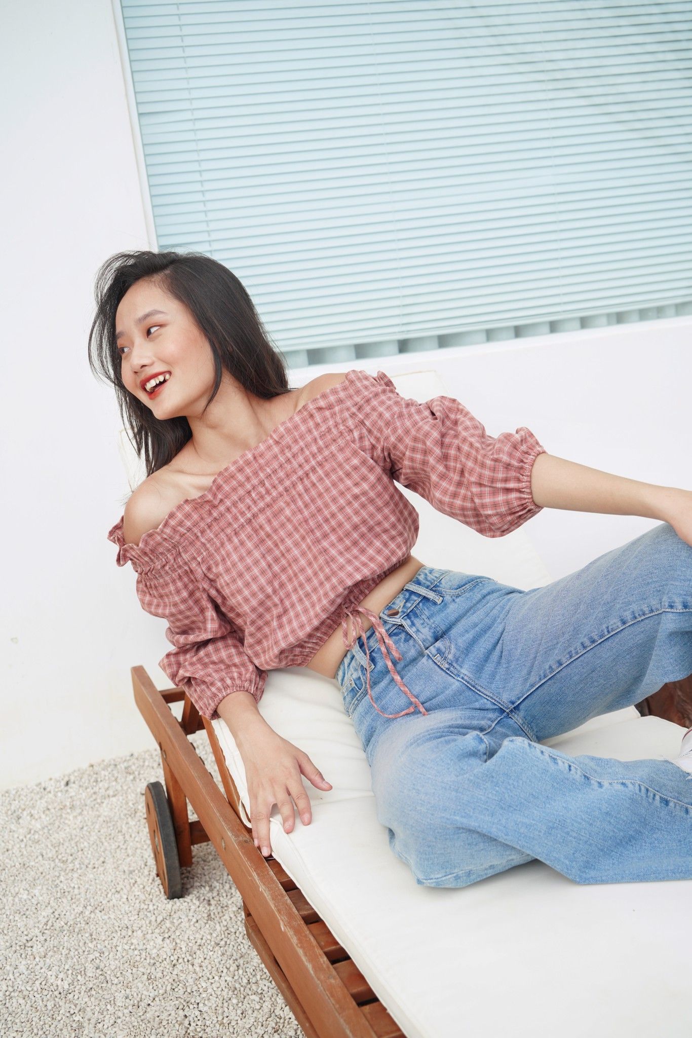 Checked Off Shoulder Top-Pink