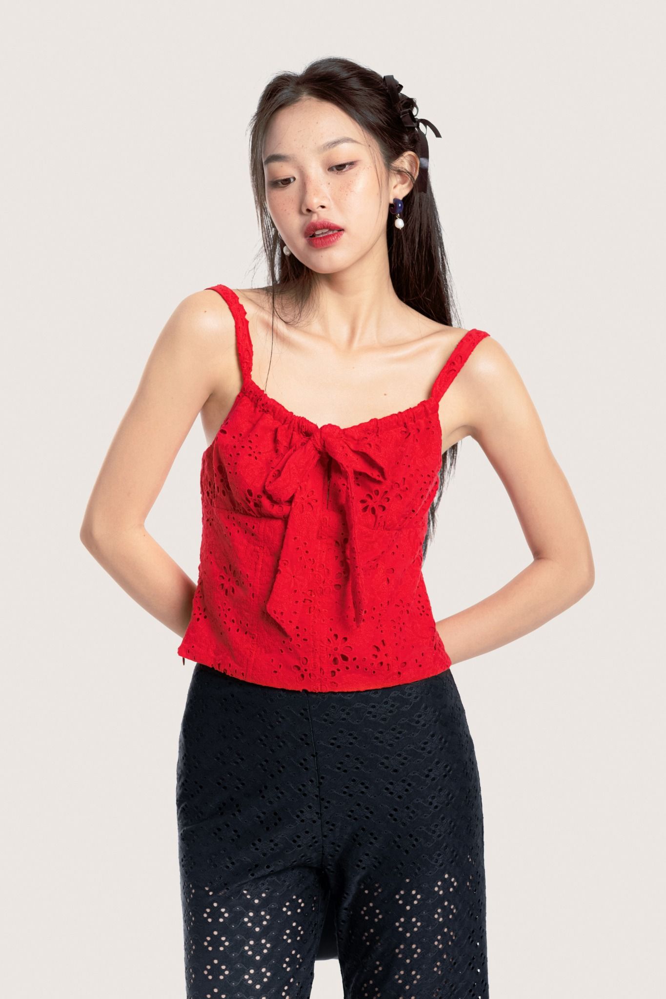  Red Embroidered Bow Tie Eyelet Top 