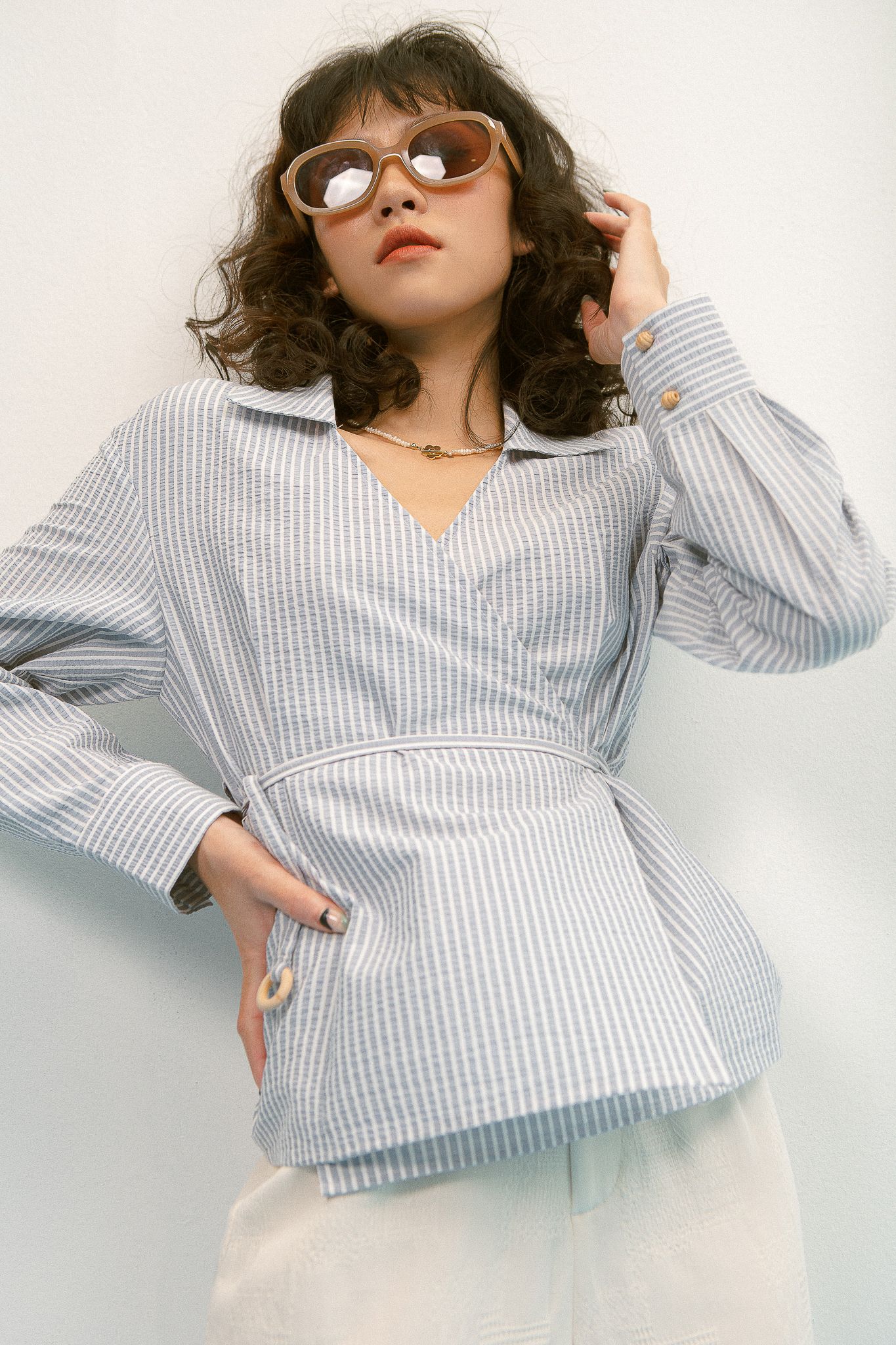 Striped Overlap Shirt With Belt