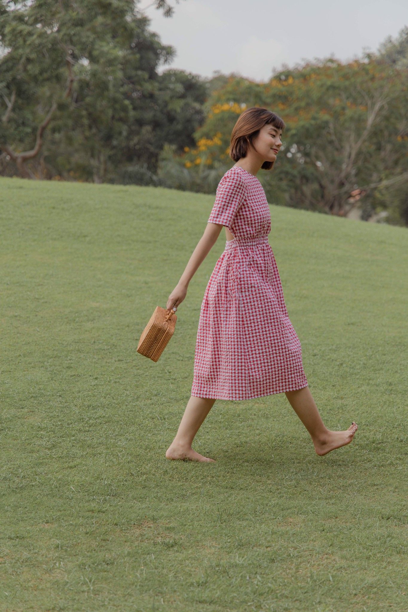 Red Checked Midi Dress