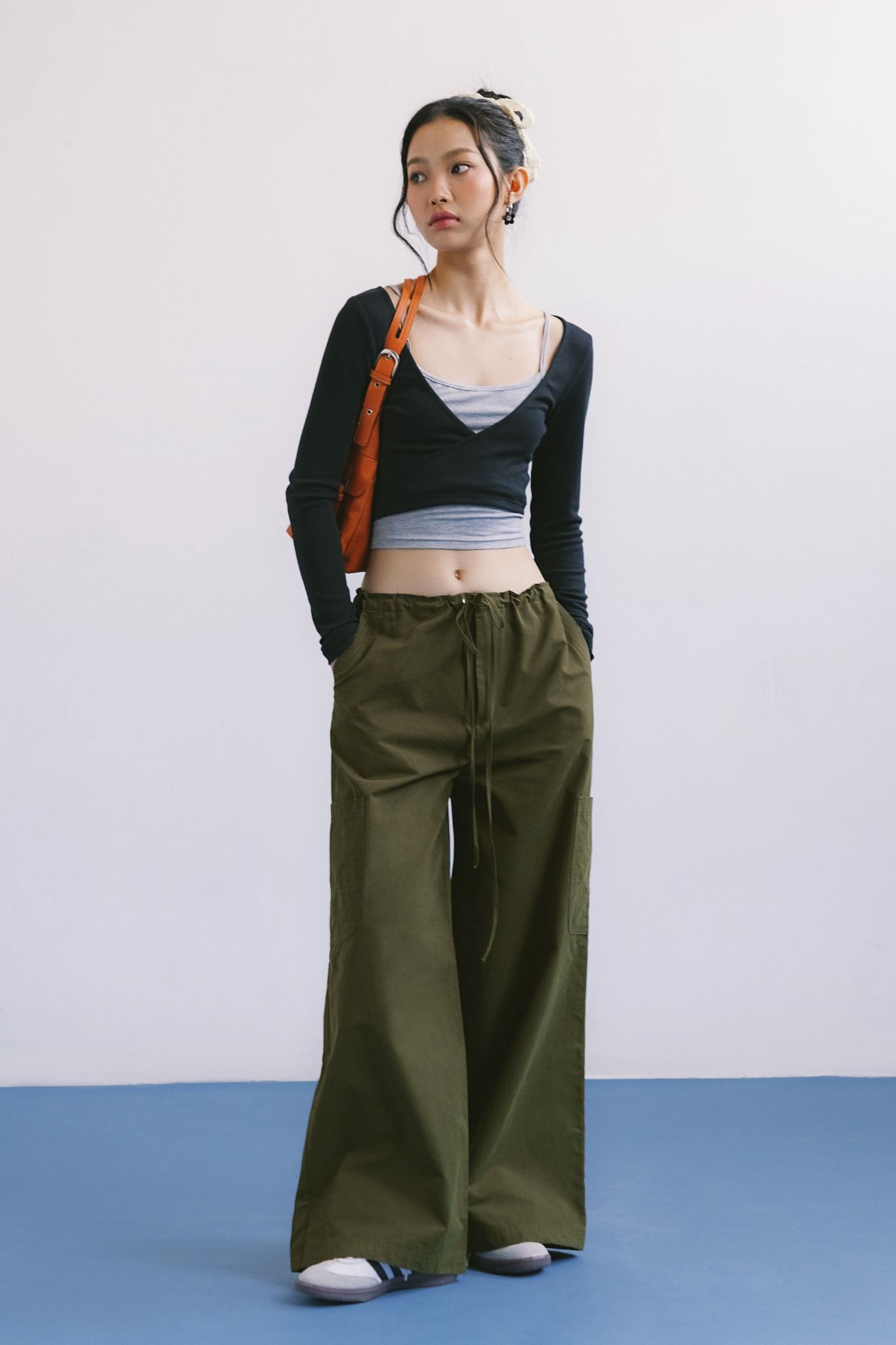  Dark Green Drawstring Wide Leg Cargo Pants 