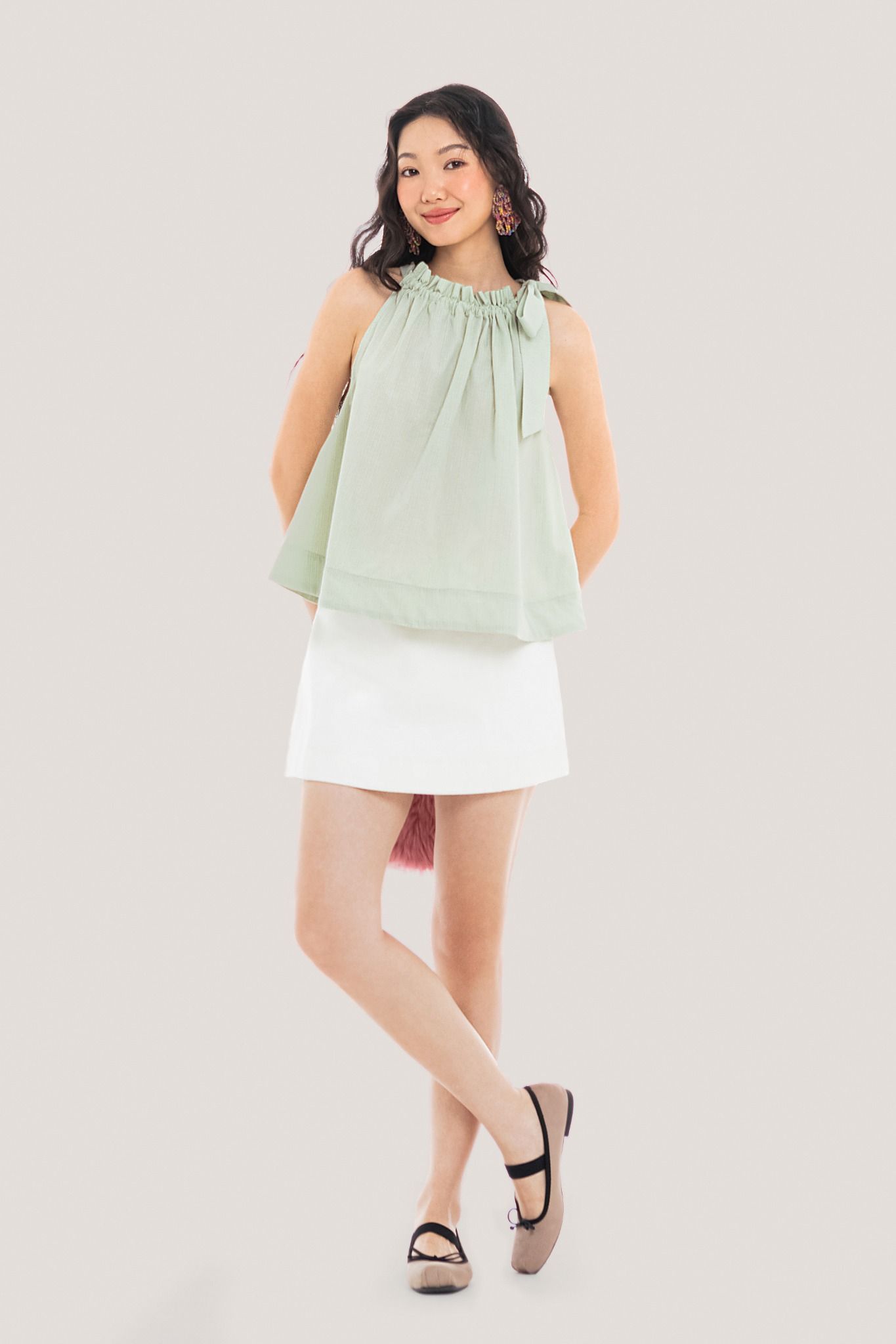  Mint Hairline Stripe Ruched Halter Neck Top 