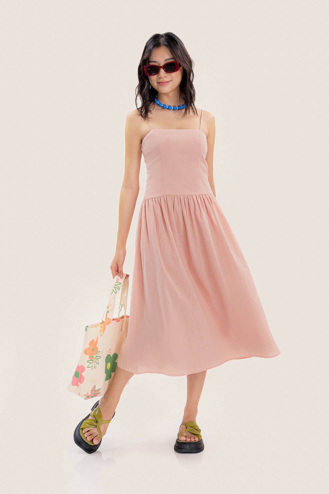  Light Pink Strappy Dropped Waist Midi Dress 