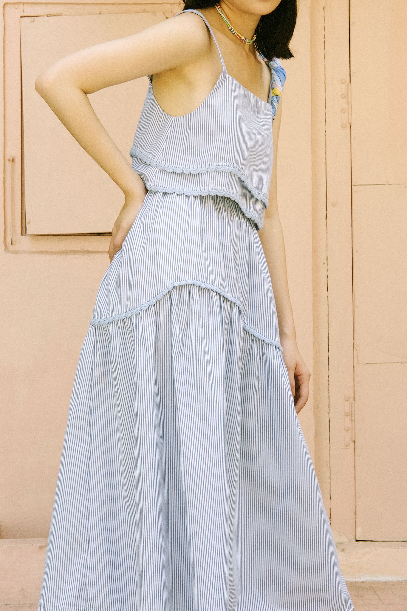 Blue Striped Midi Skirt With Handmade Crochet Details