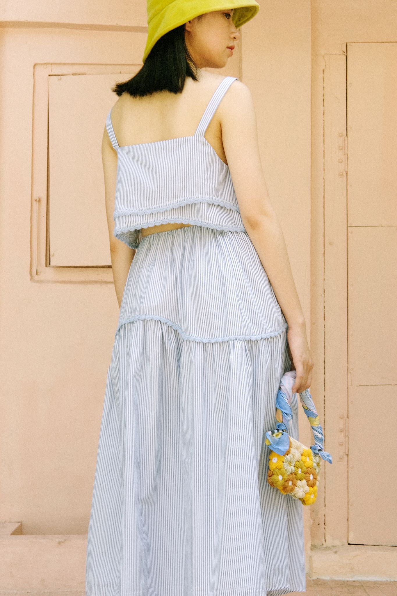 Blue Striped Midi Skirt With Handmade Crochet Details