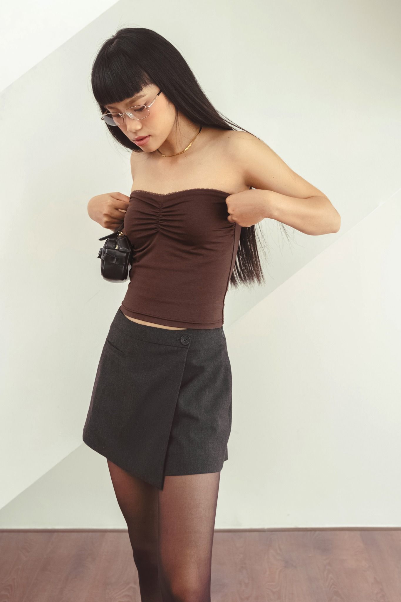  Brown Lace Trim Fitted Tube Top 