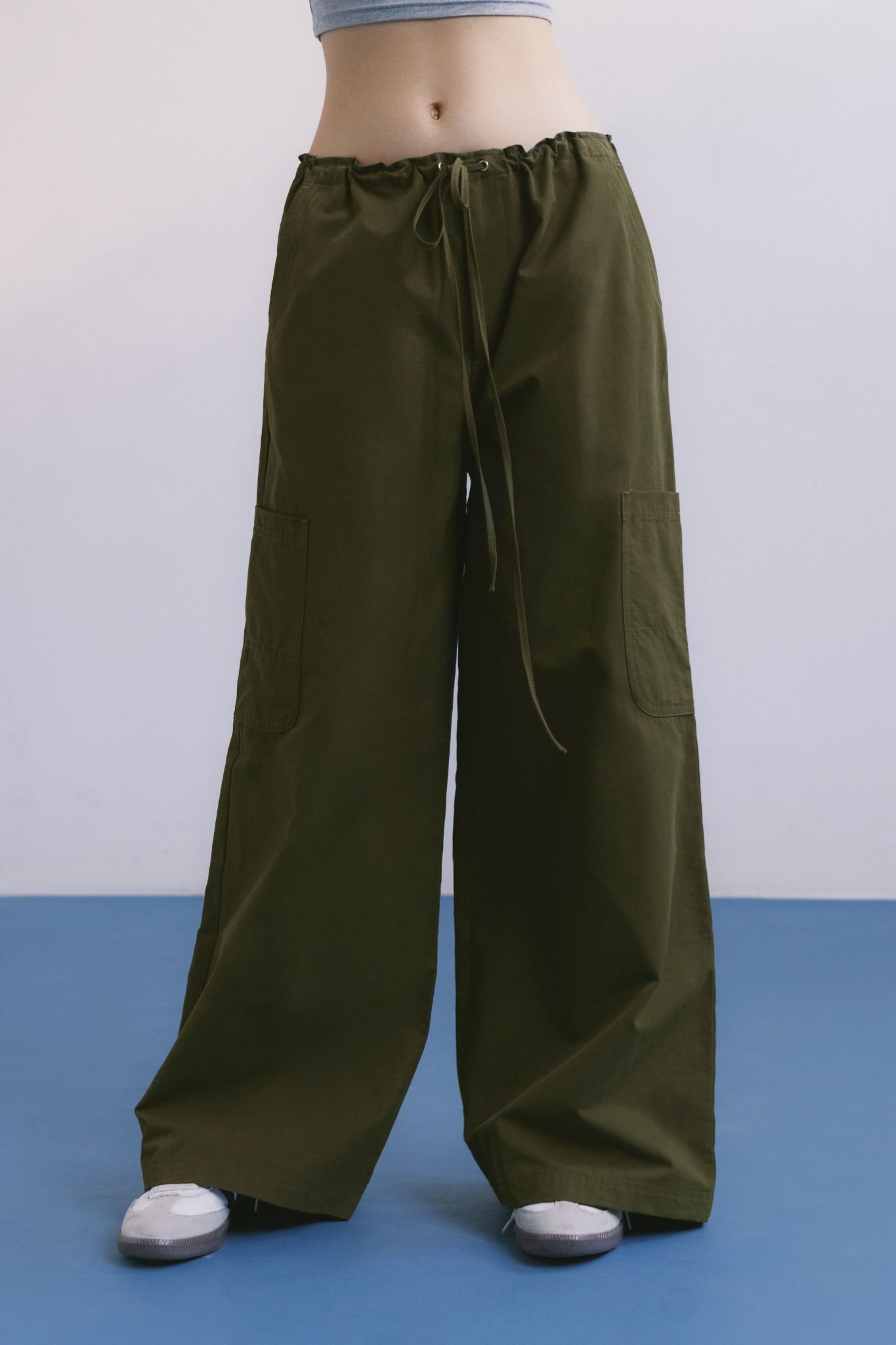  Dark Green Drawstring Wide Leg Cargo Pants 