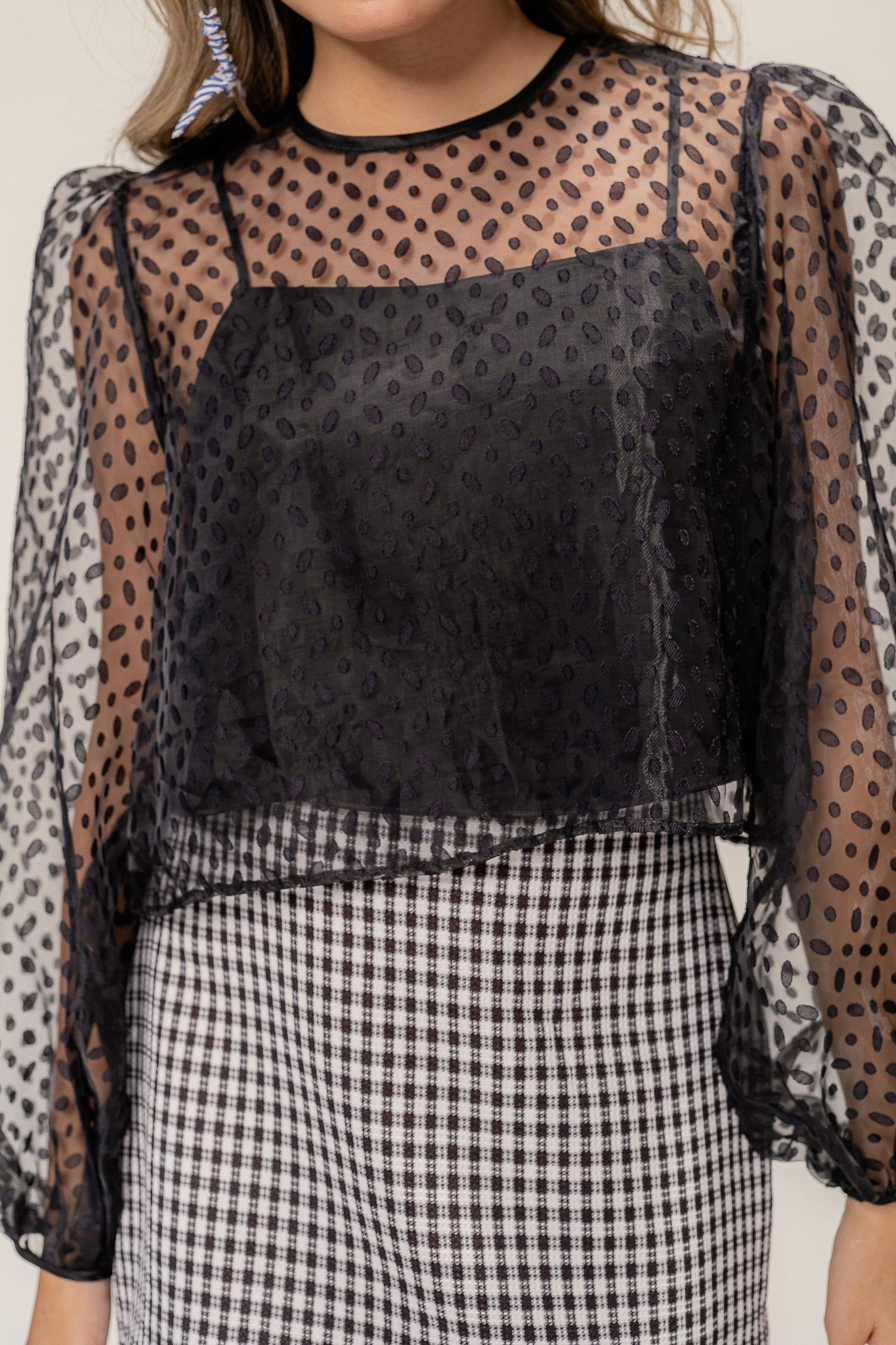  Black Polka Dot Sheer Puff Sleeve Blouse 