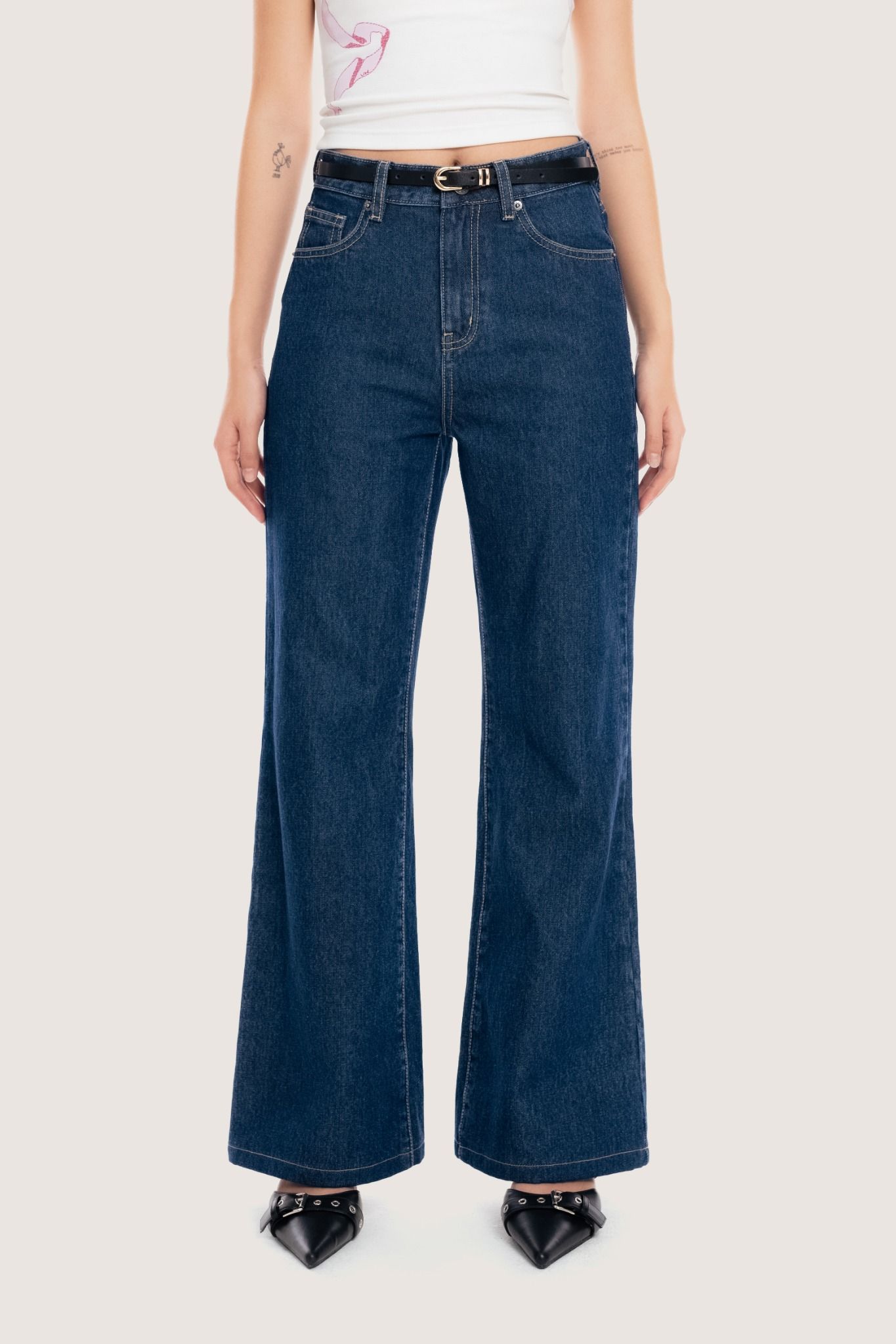  Indigo Mid Rise Flared Jeans 