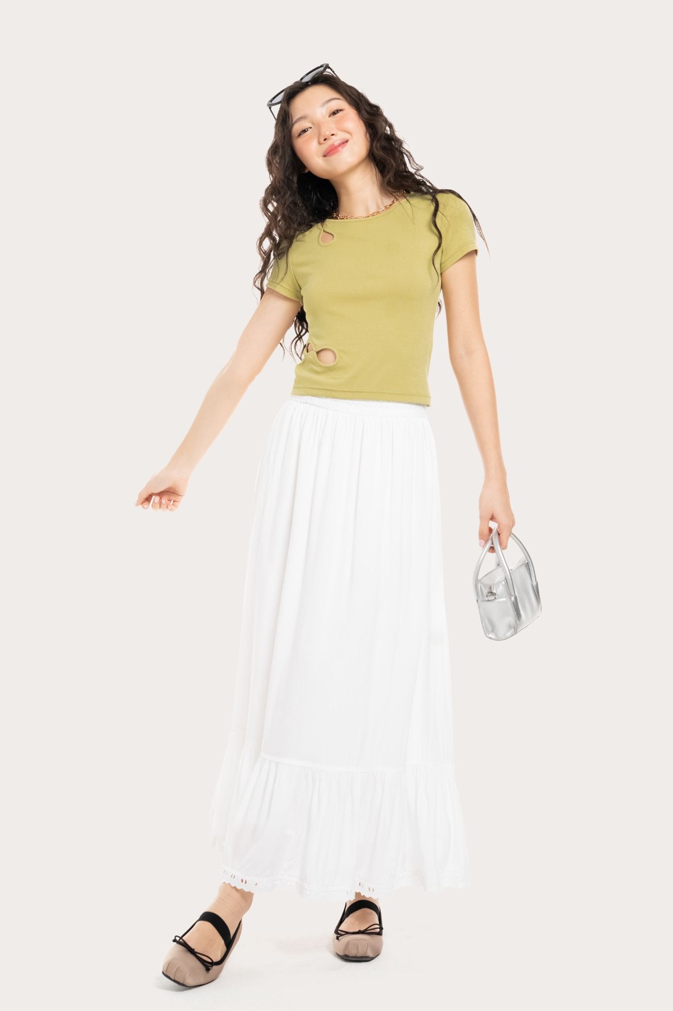  White Tiered Lace Hem Midi Skirt 