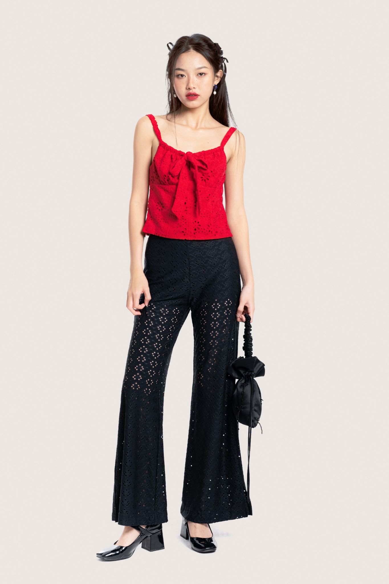  Red Embroidered Bow Tie Eyelet Top 