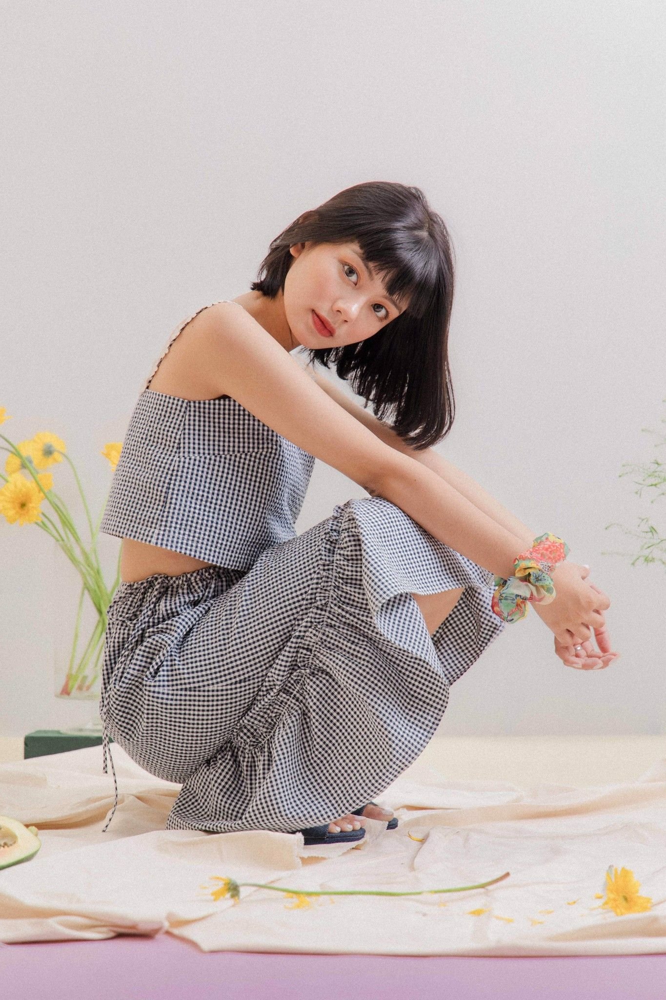 Navy Gingham Camisole With Daisy Details