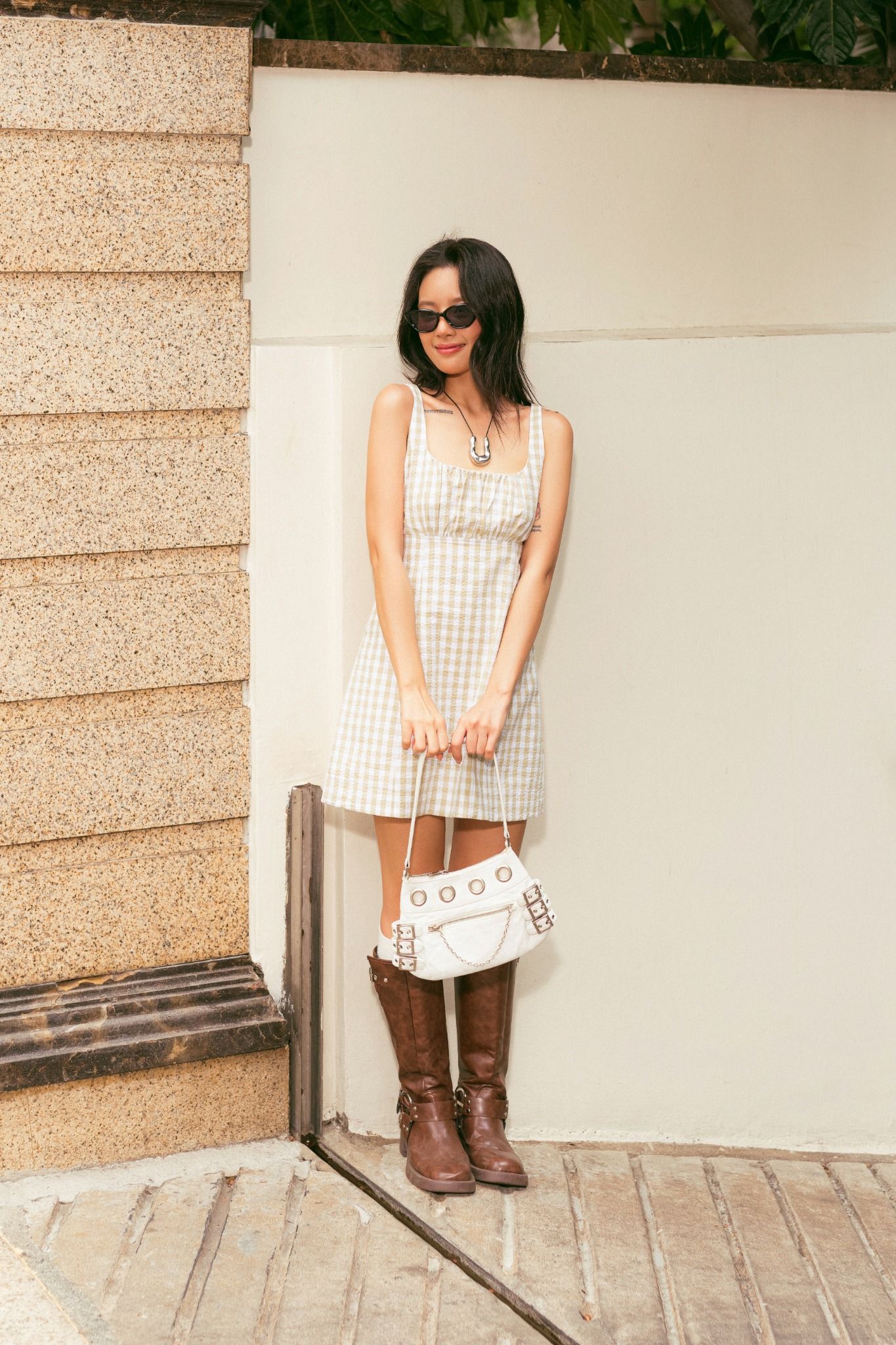  Beige Gingham U-neck Seersucker Mini Dress 