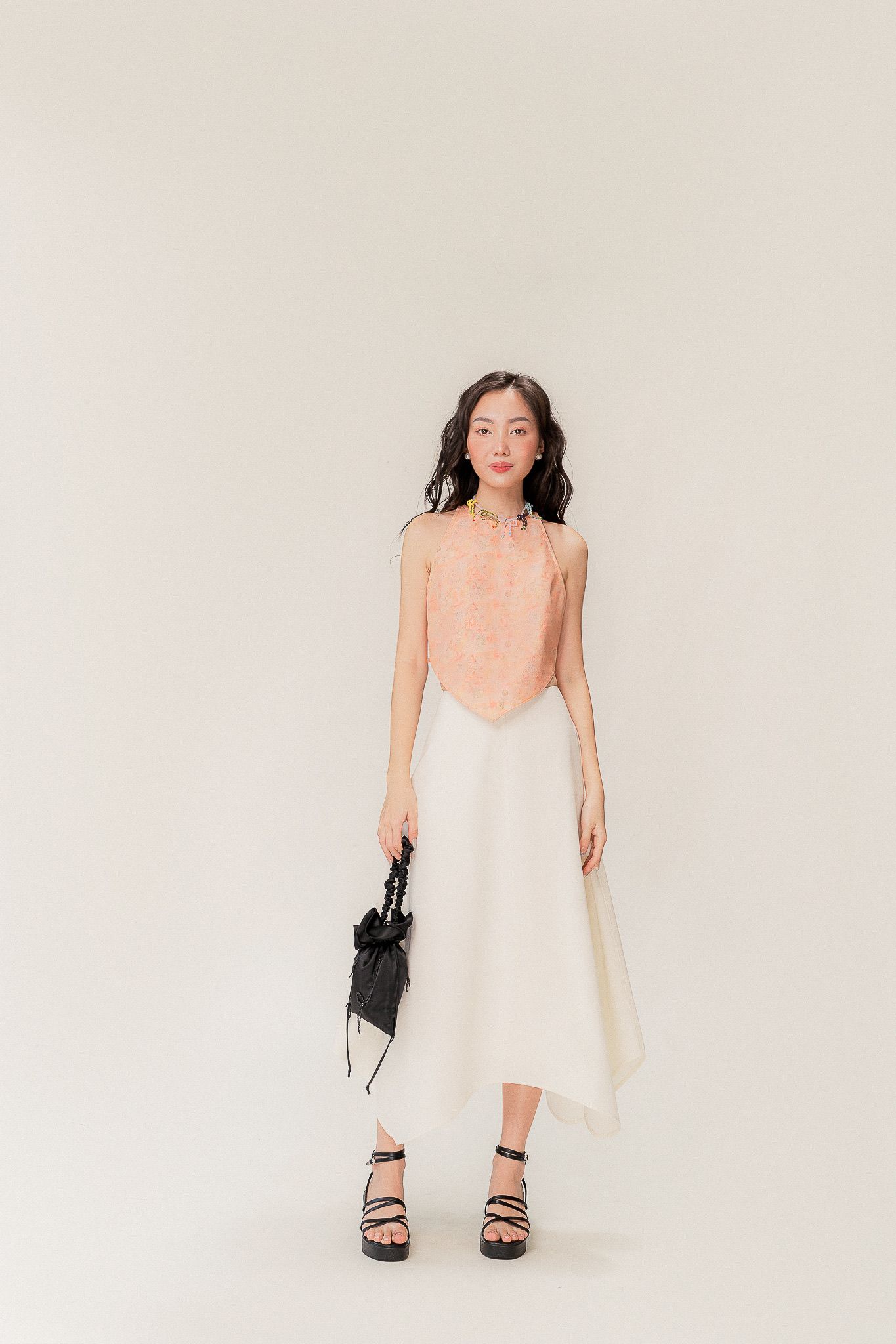  White Wavy Hemline Midi Skirt 