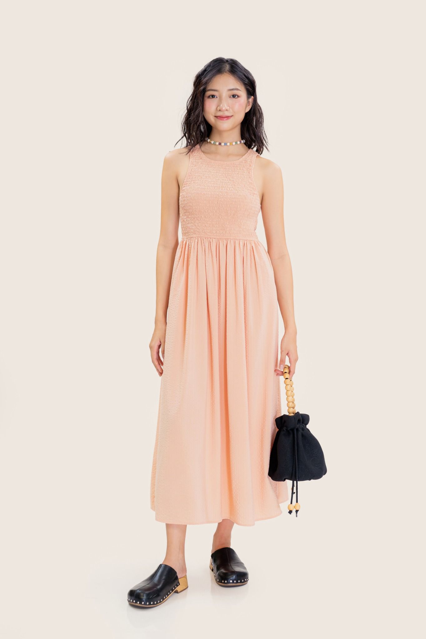 Peach Sleeveless Smock Midi Dress