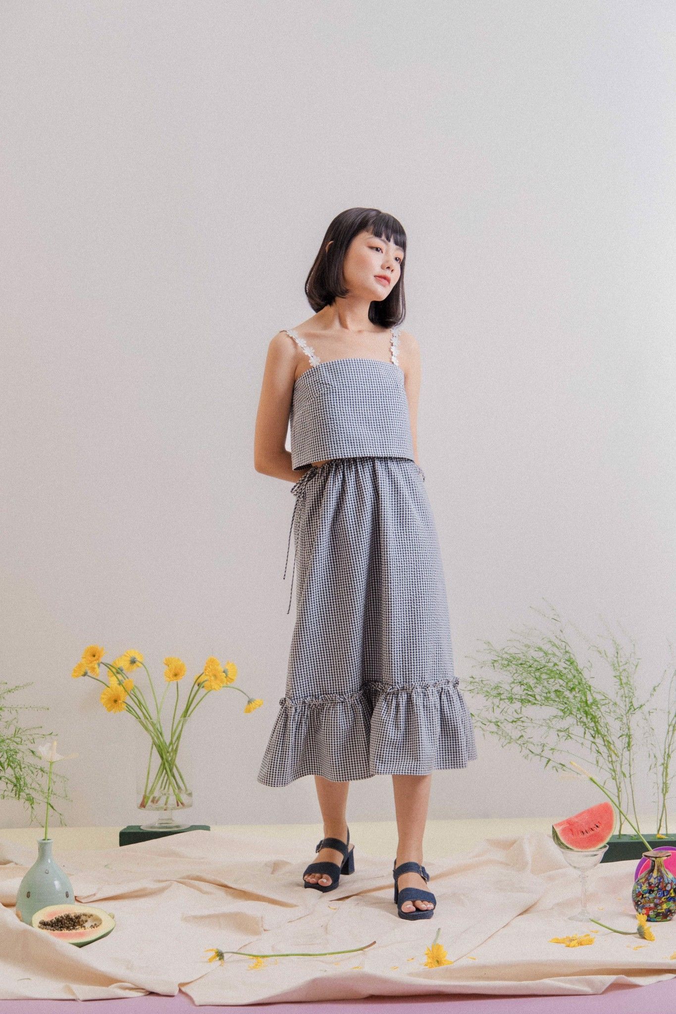 Gingham Ruffle Midi Skirt