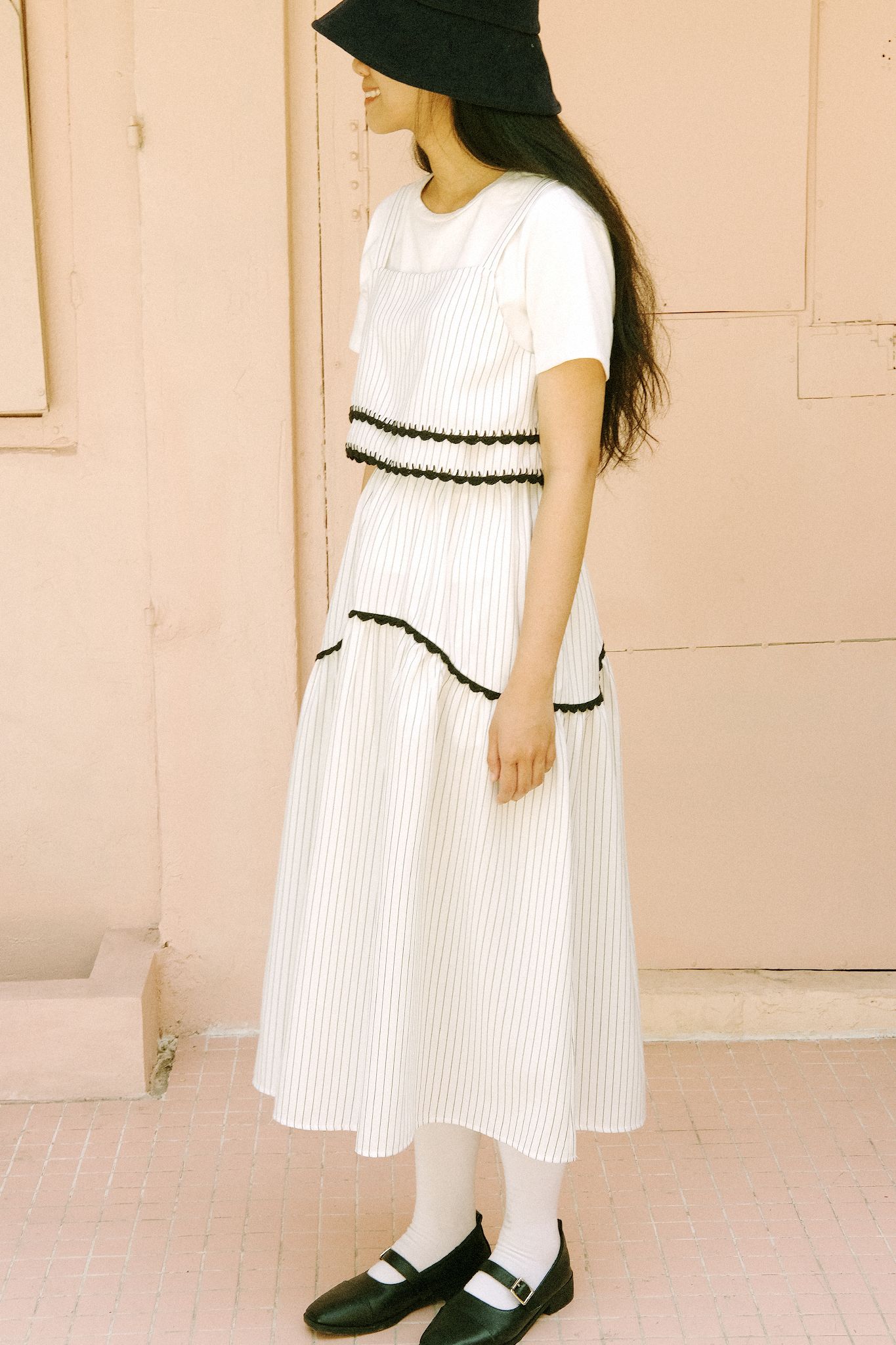 Striped Midi Skirt With Crochet Ruffle