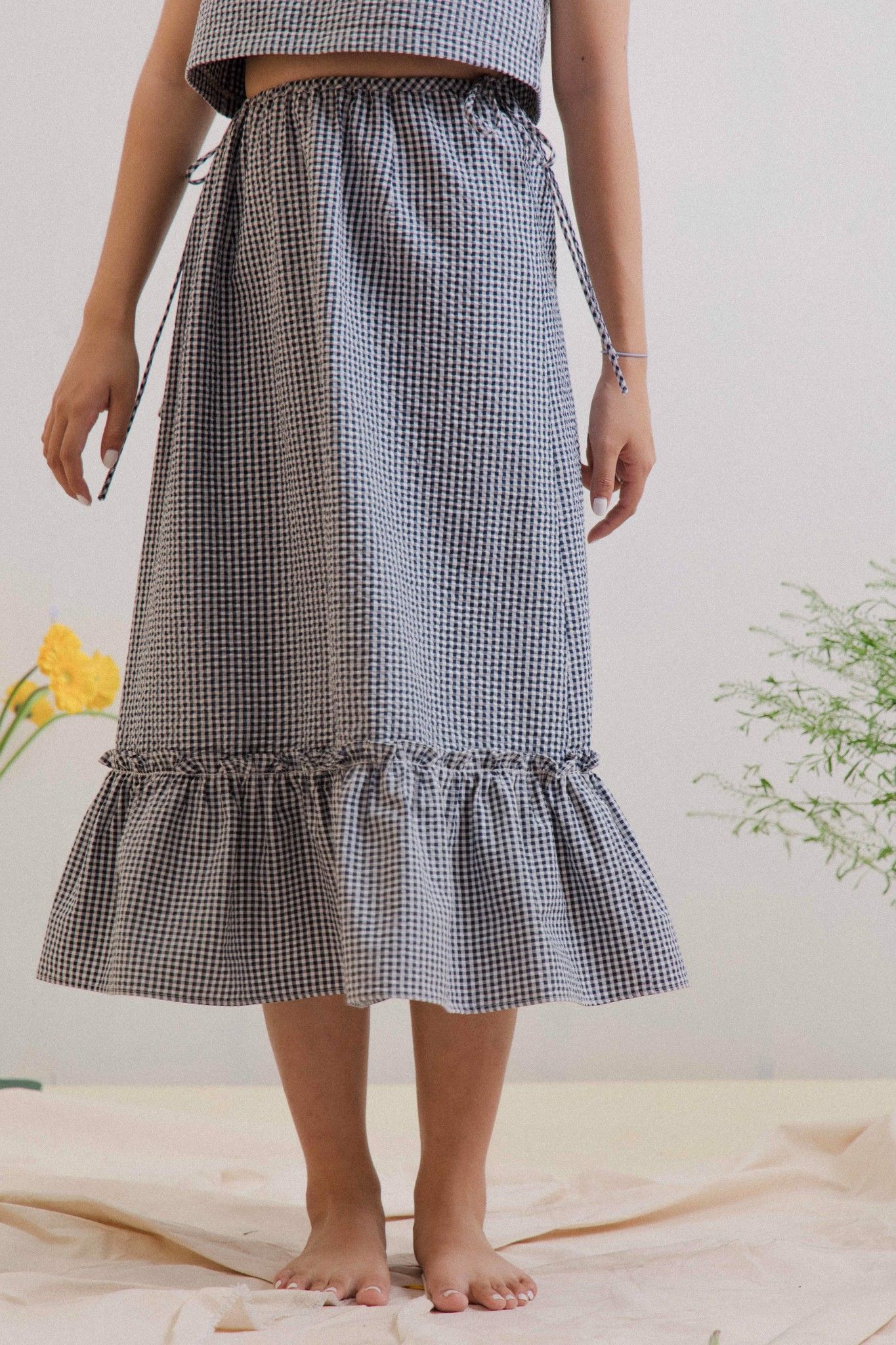 Gingham Ruffle Midi Skirt