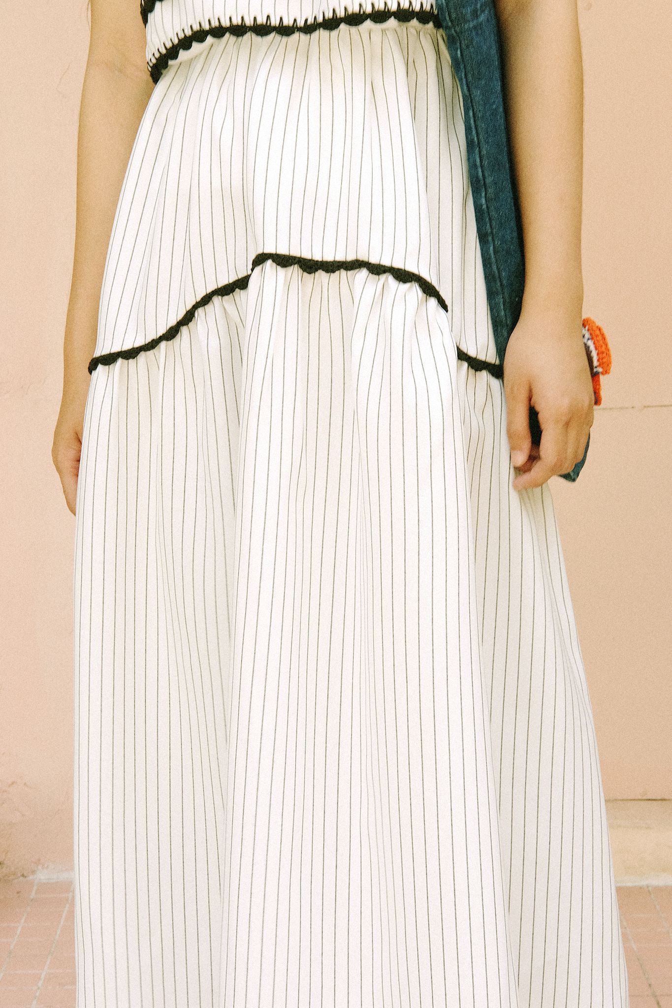 Striped Midi Skirt With Crochet Ruffle