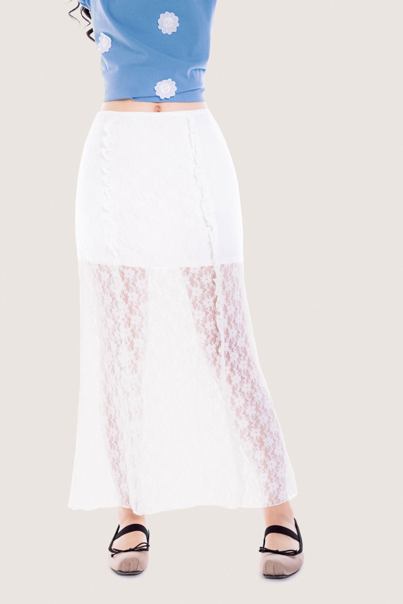  White Ruffle Lace Midi Skirt 