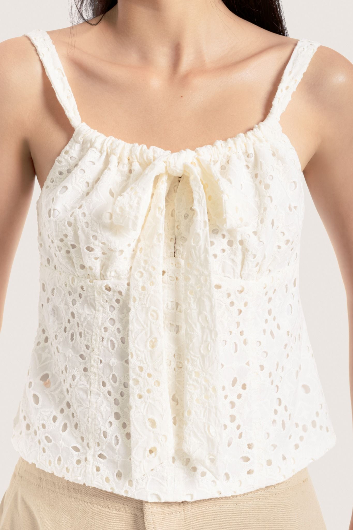  Ivory Embroidered Bow Tie Eyelet Top 