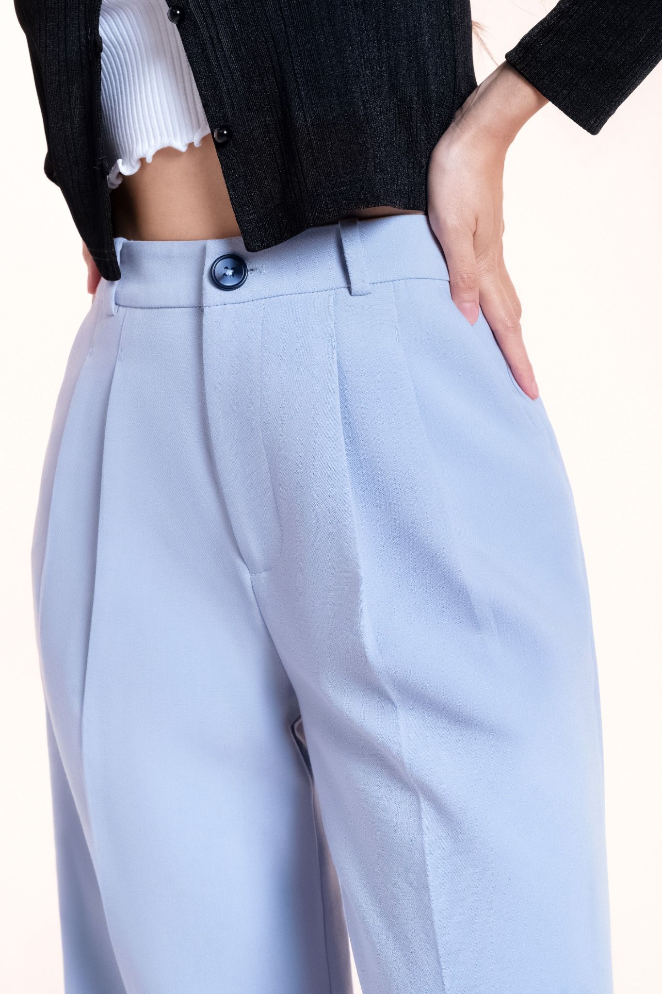  Light Blue Pleated Wide Leg Trousers 