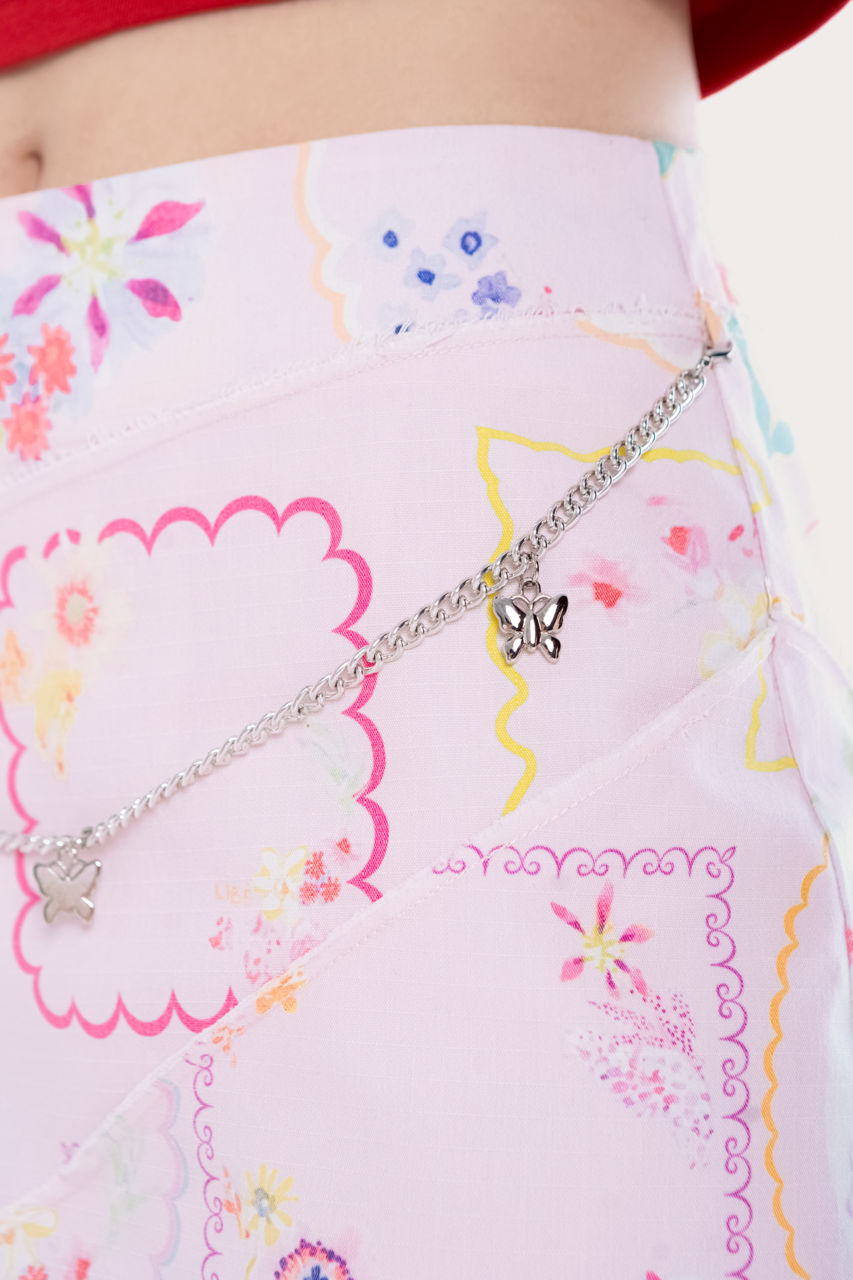 Vintage Floral Printed Mini Skirt With Belt Charms