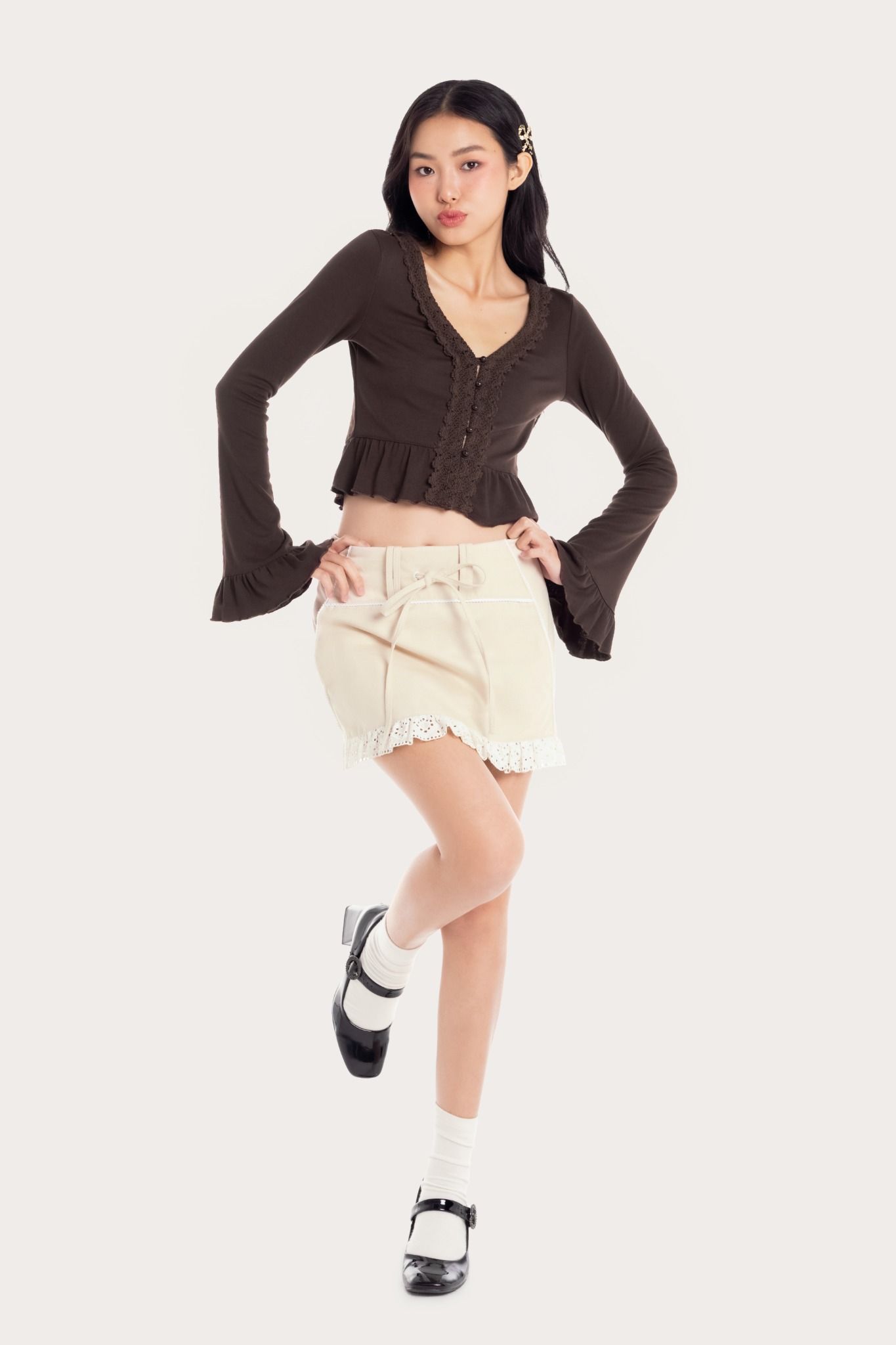  Beige Lace Ruffle Khaki Mini Skirt 