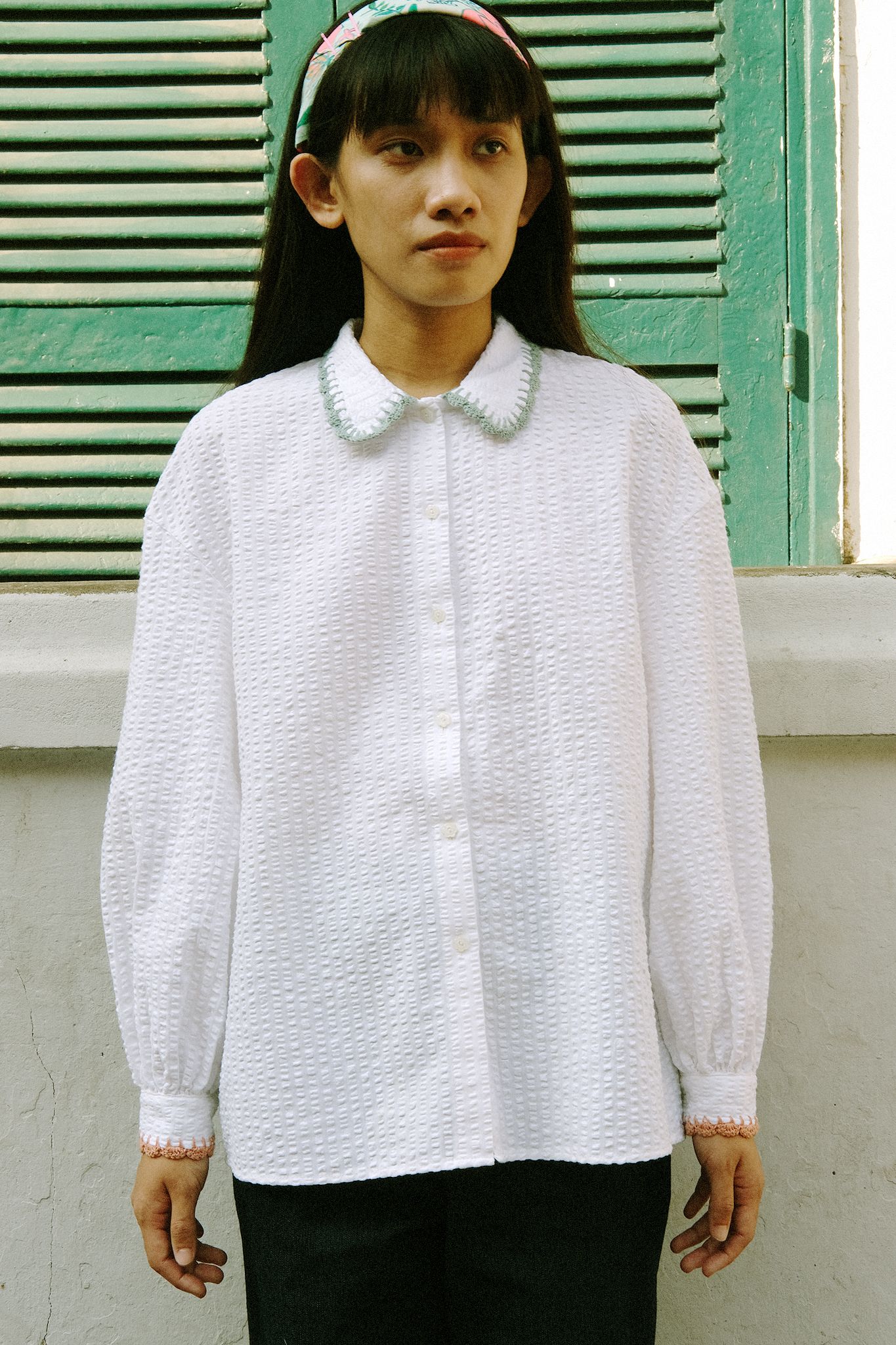 Seersucker Shirt With Handmade Crochet Details